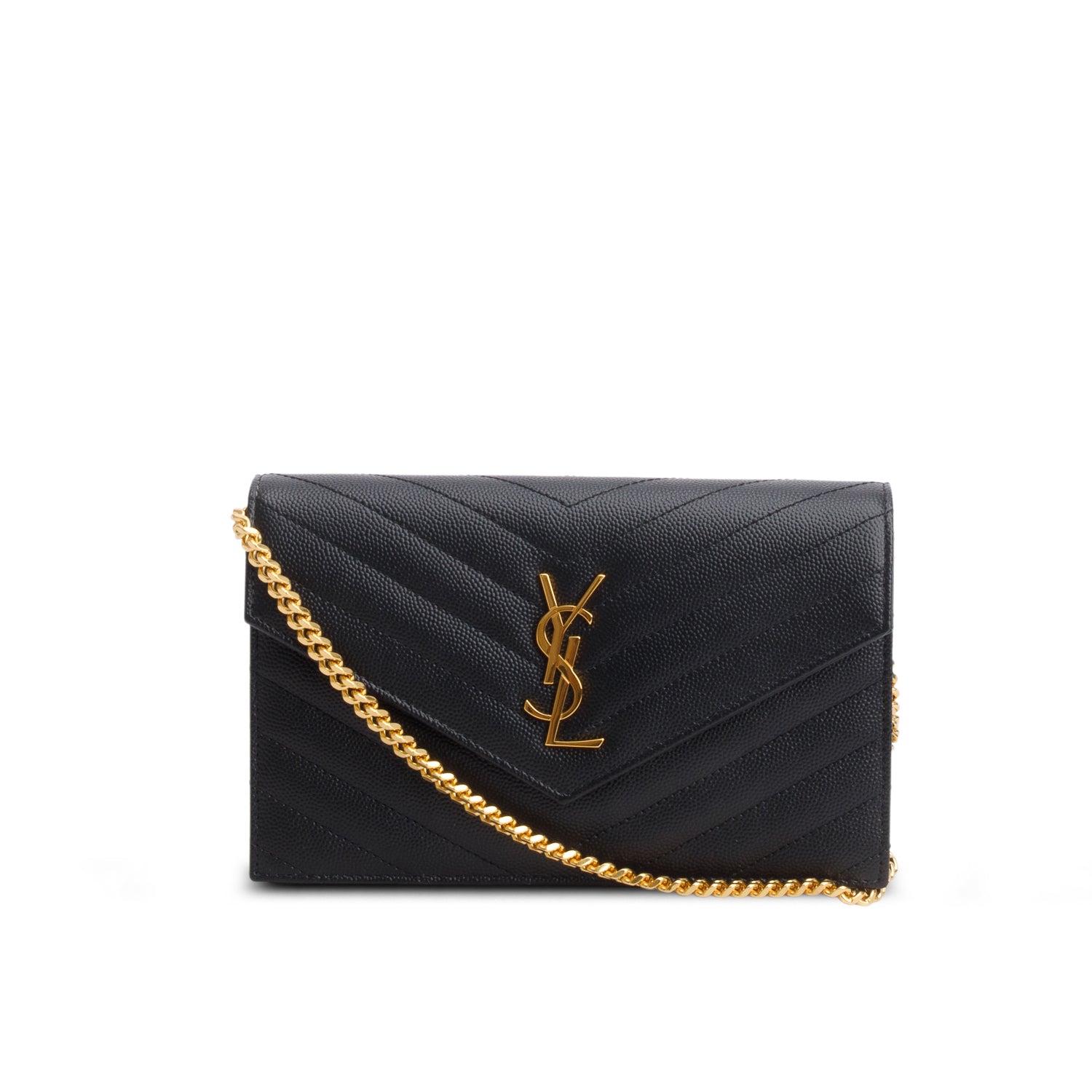Saint Laurent 2025 Black Grain de Poudre Matelasse Chevron Monogram Cassandre Envelope Chain Wallet w/ Box & Receipt