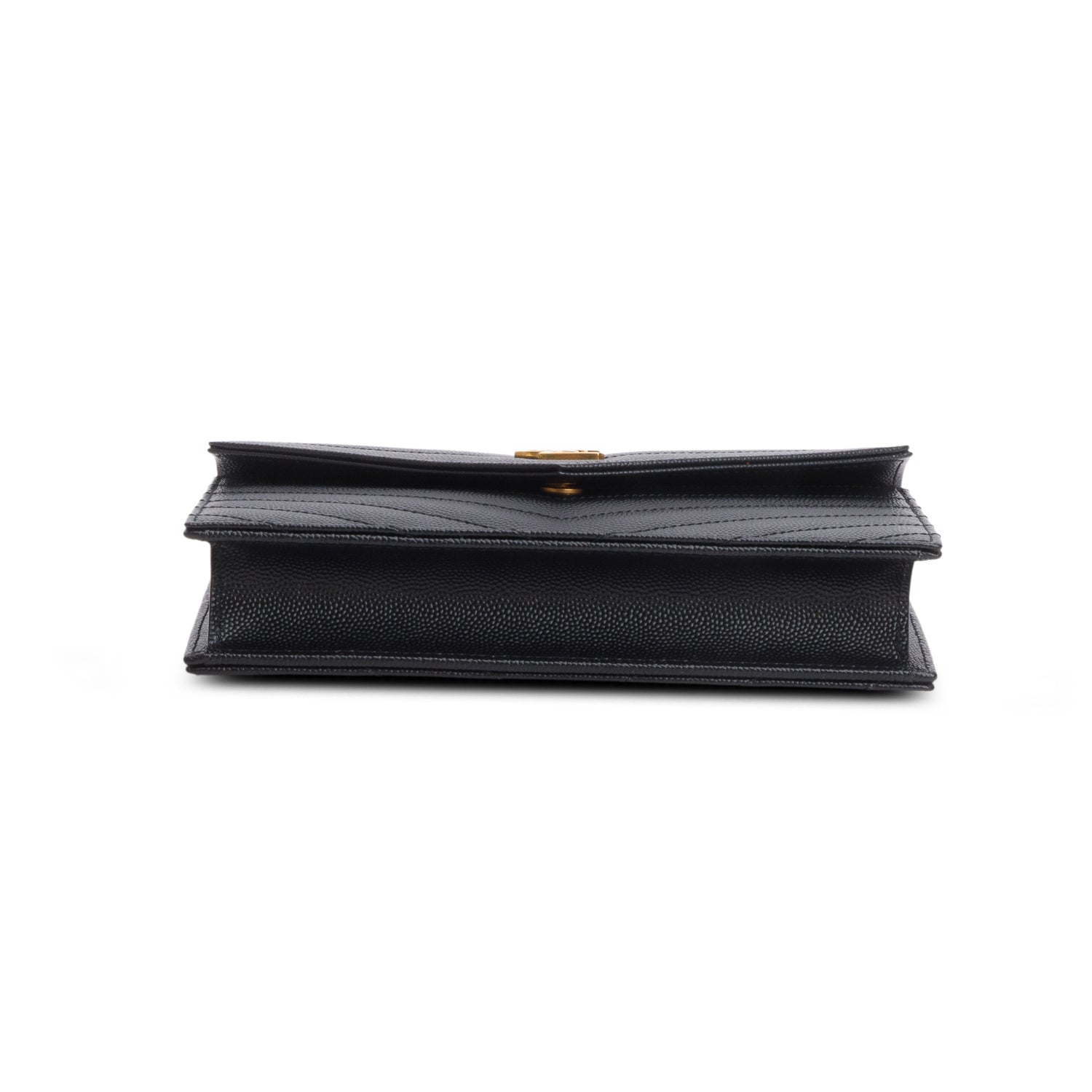 Saint Laurent 2025 Black Grain de Poudre Matelasse Chevron Monogram Cassandre Envelope Chain Wallet w/ Box & Receipt