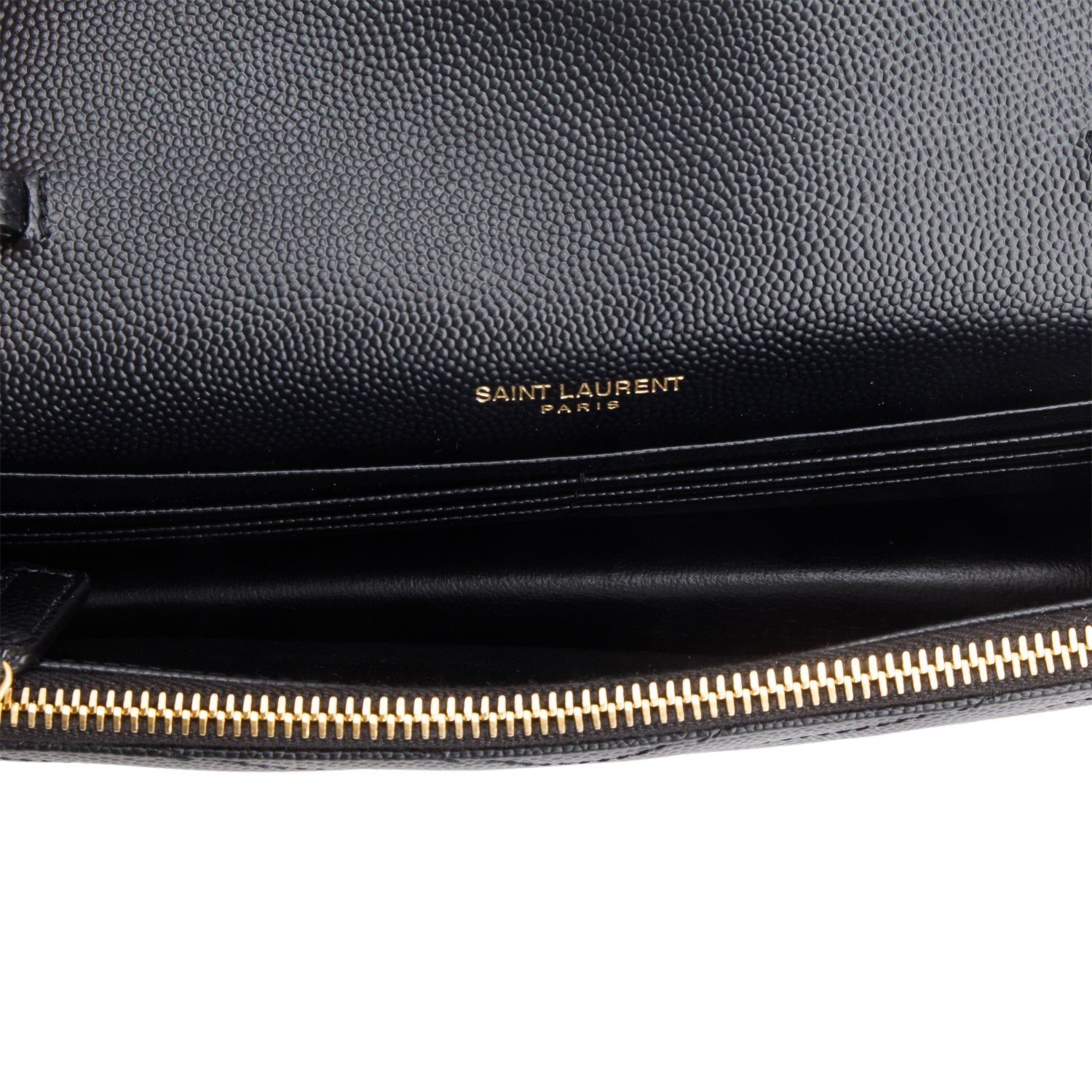 Saint Laurent 2025 Black Grain de Poudre Matelasse Chevron Monogram Cassandre Envelope Chain Wallet w/ Box & Receipt