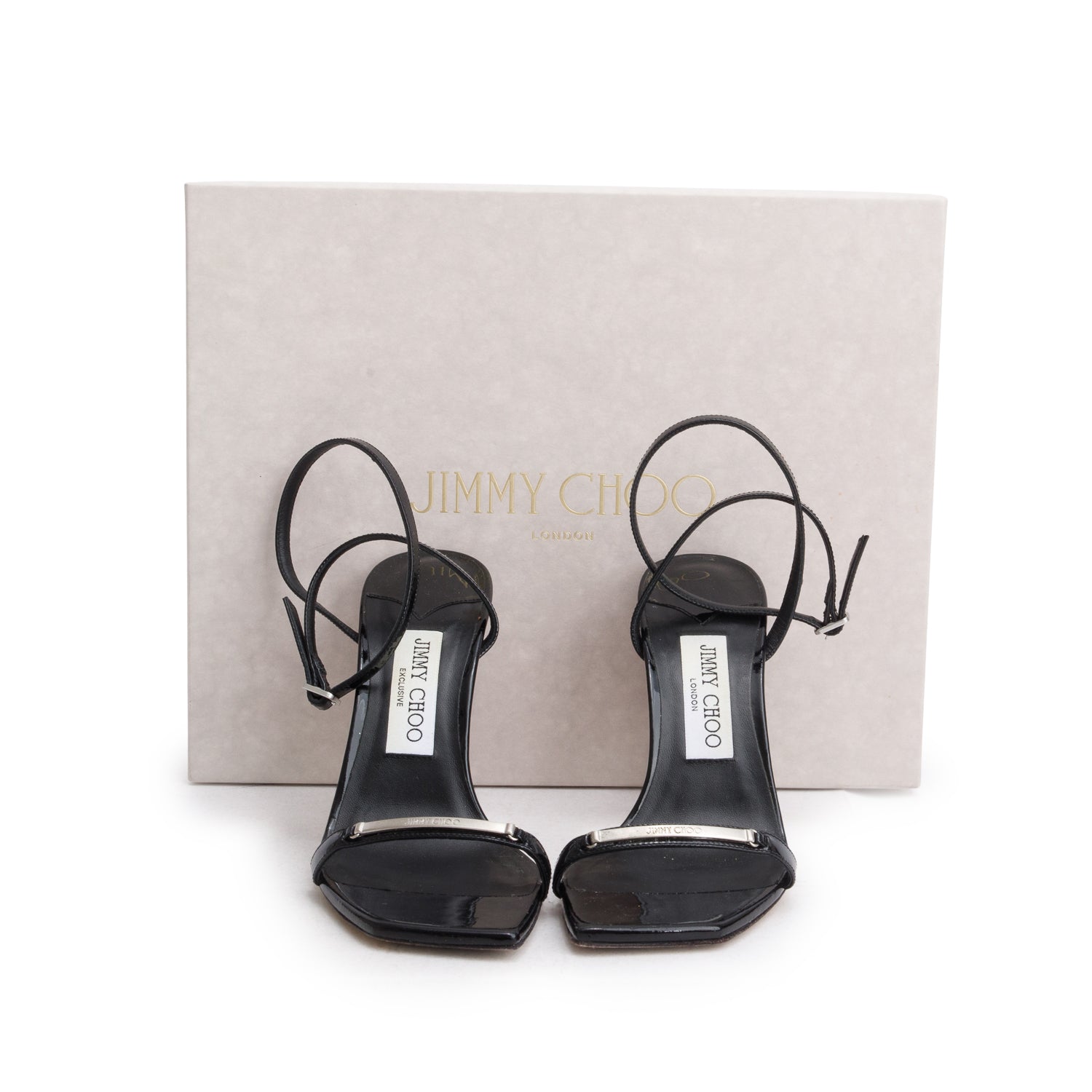 Jimmy Choo Black Patent Leather Jaxon 95 Sandals, Women's Size 37 w/ Box
