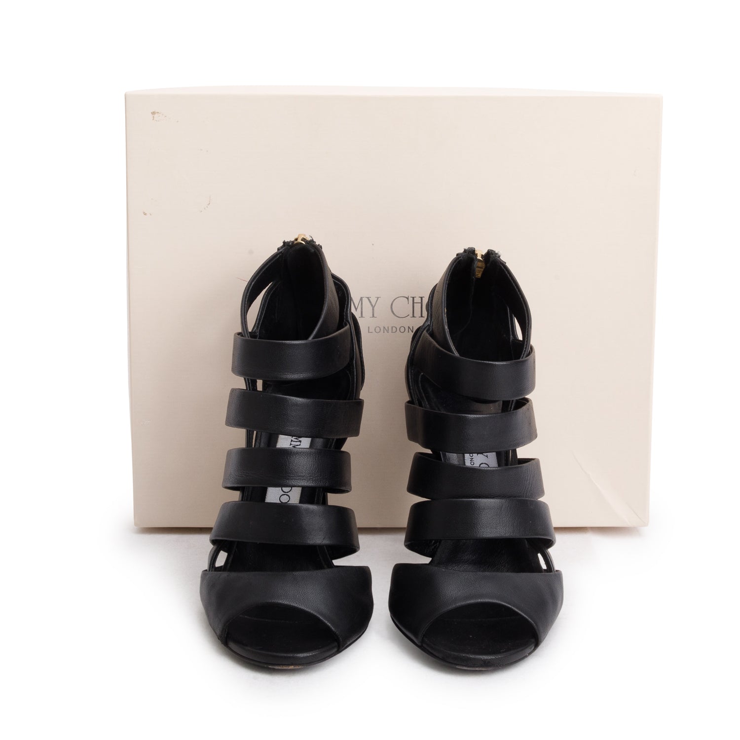 Jimmy Choo Black Nappa Leather Dame Caged Heels, Women's Size 36.5 w/ Box