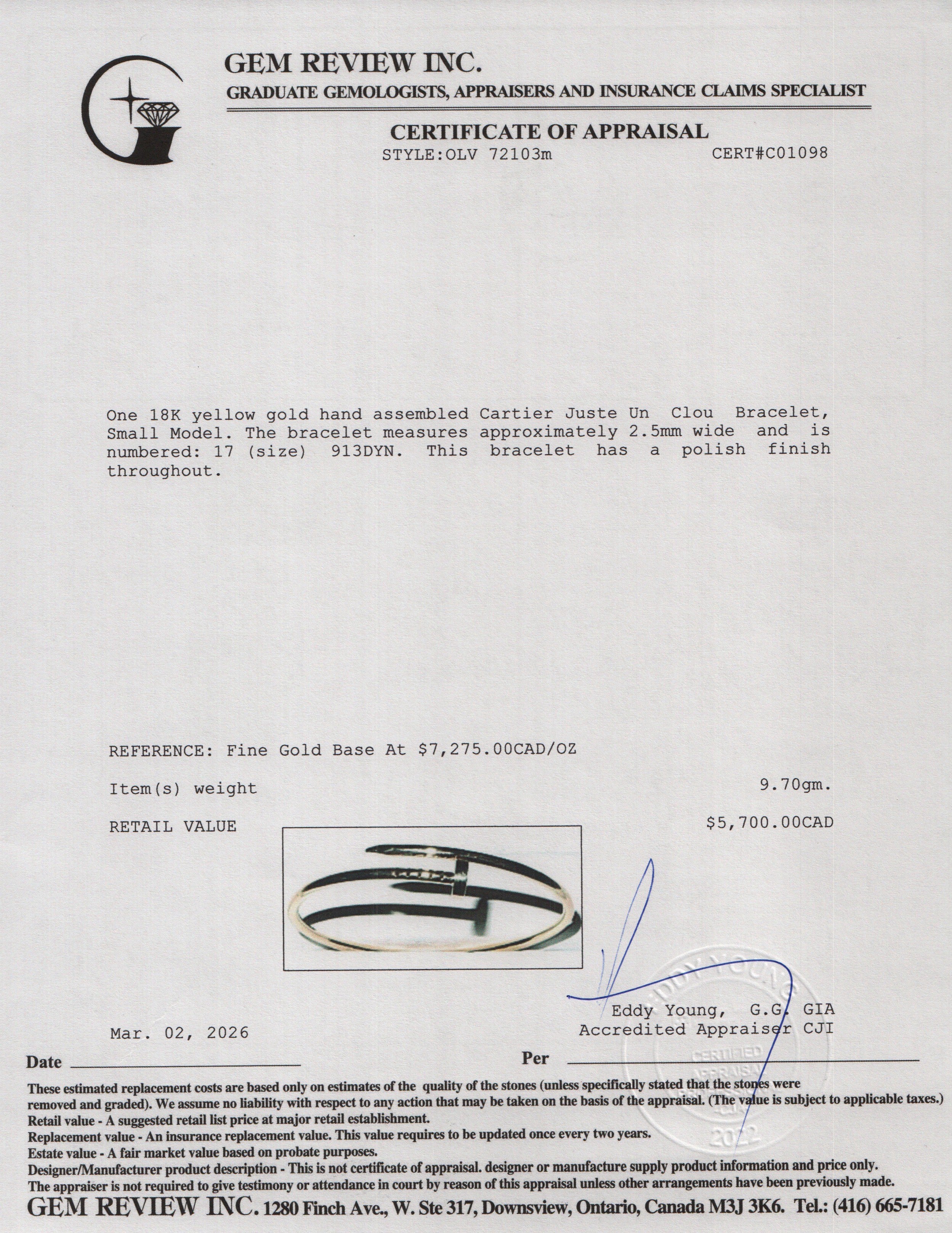 Cartier 2025 18k Yellow Gold Juste Un Clou Bracelet, Small Model Size 17 w/ Box & Certificate