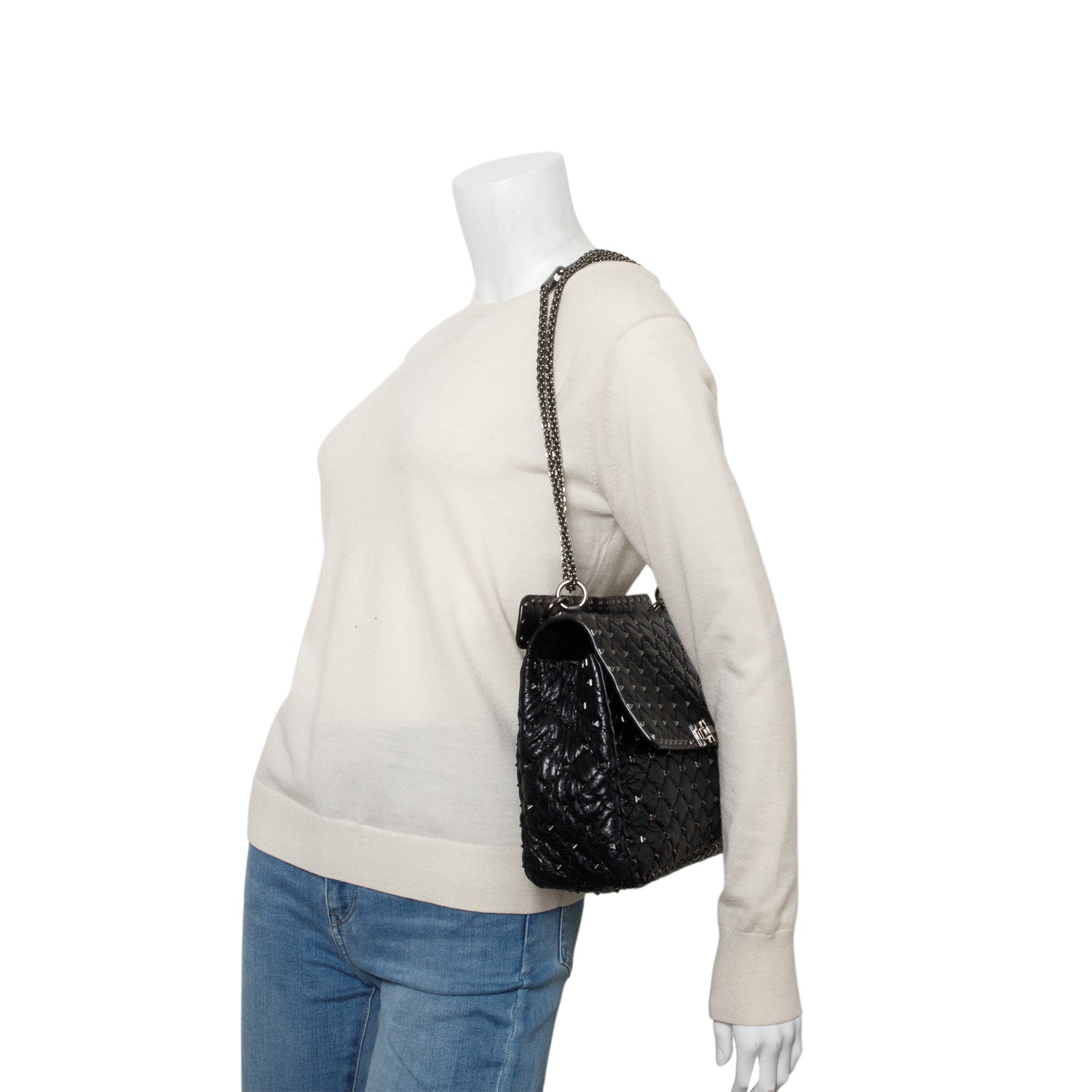 Valentino Black Craquele Nappa Large Rockstud Spike Shoulder Bag