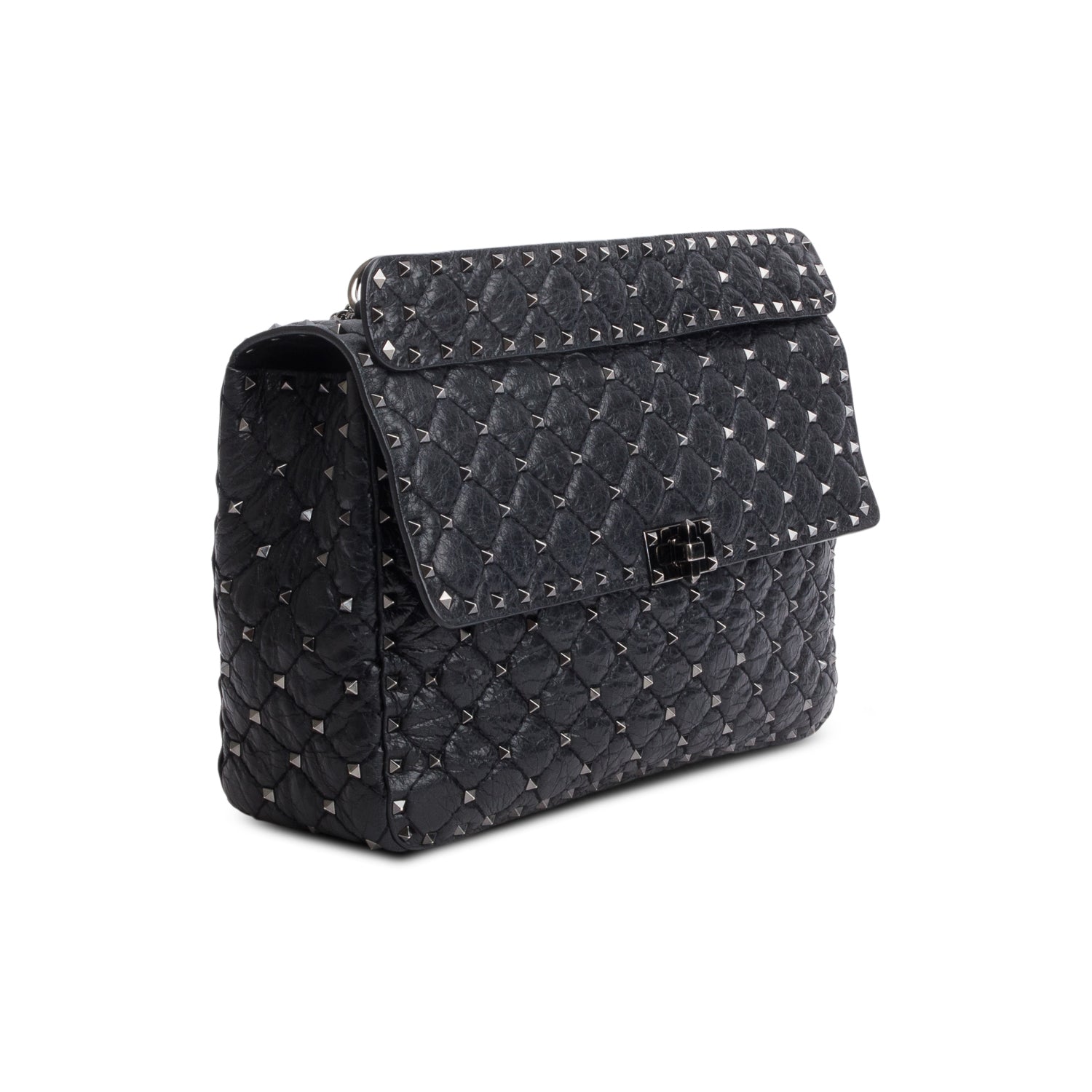 Valentino Black Craquele Nappa Large Rockstud Spike Shoulder Bag