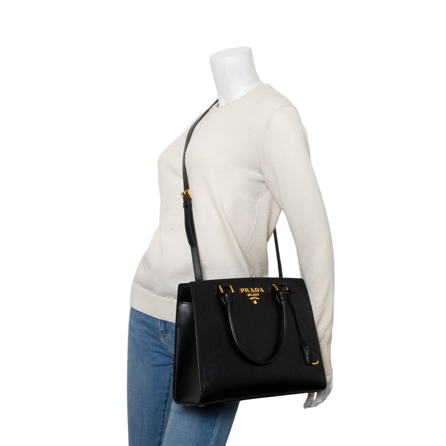 Prada Black Saffiano Cuir Medium Top Handle Tote w/ Strap