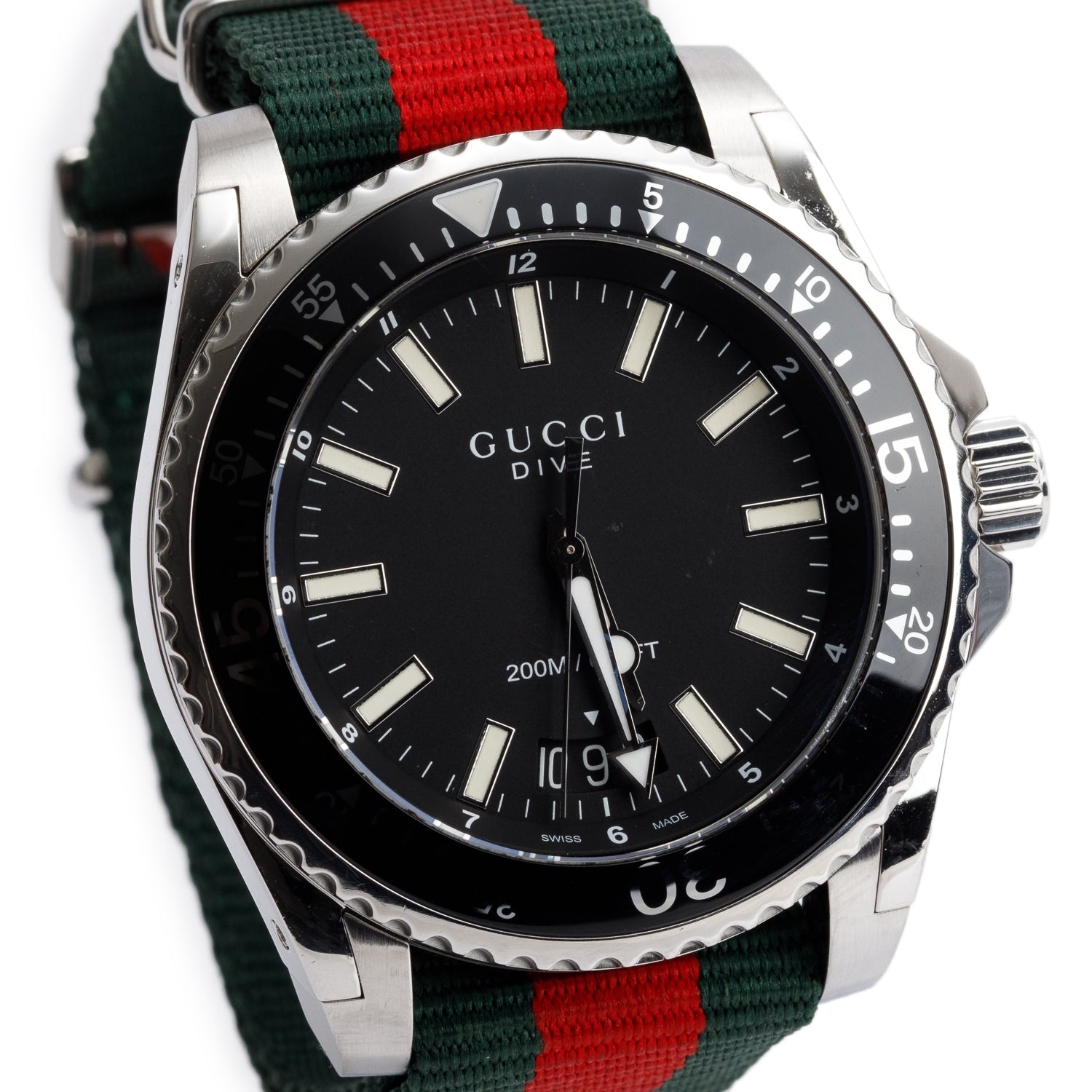 Gucci Stainless Steel Dive 45 MM Quartz Watch Green & Red Web Nylon Band YA136209