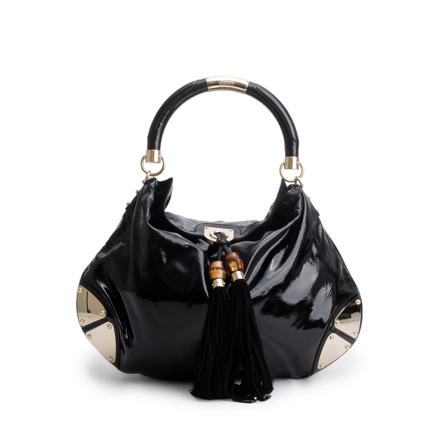 Gucci Black Patent Leather Large Indy Top Handle Bag w/ Strap