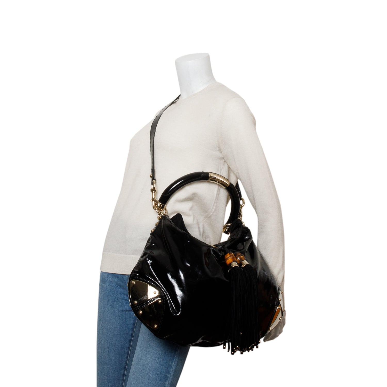 Gucci Black Patent Leather Large Indy Top Handle Bag w/ Strap