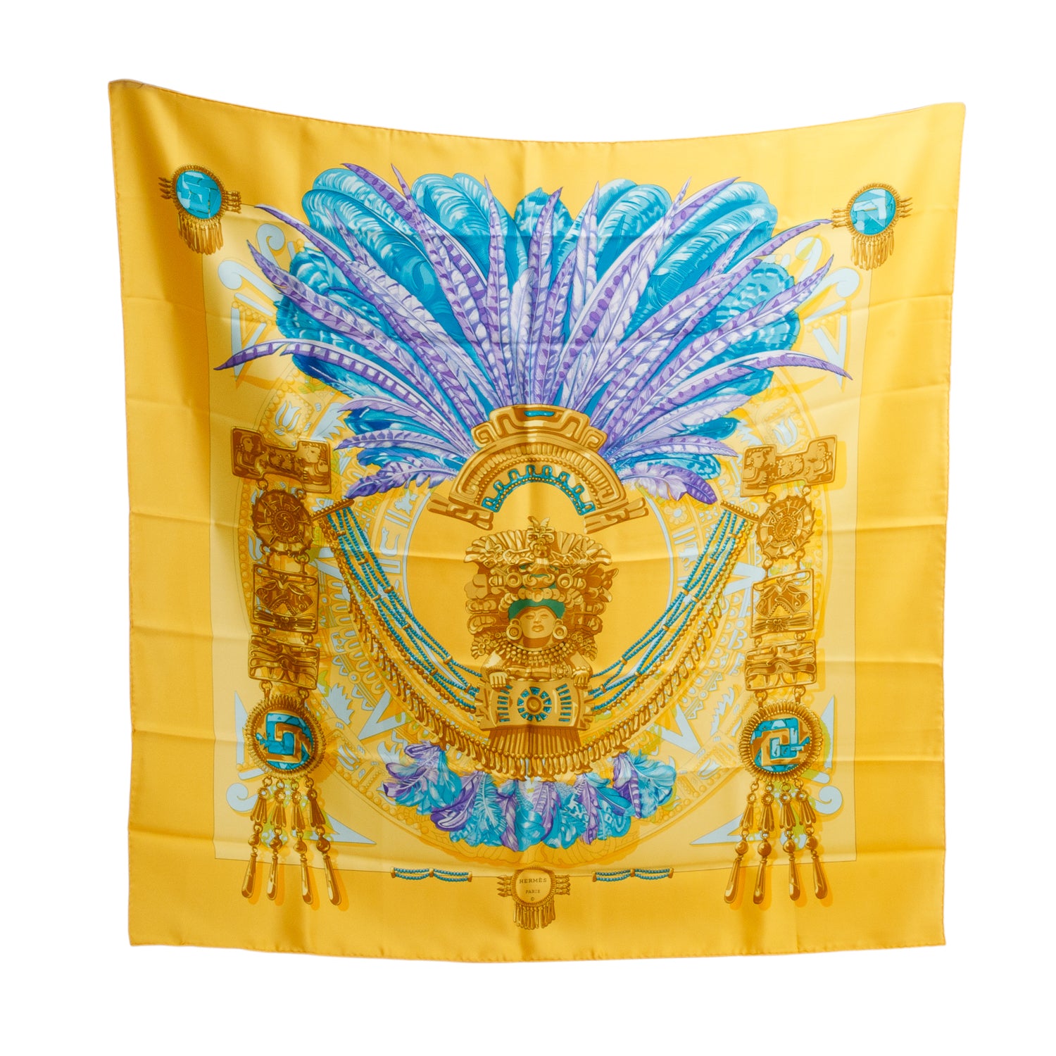 Hermes Yellow & Multicolor 'Mexique' Silk Scarf 90