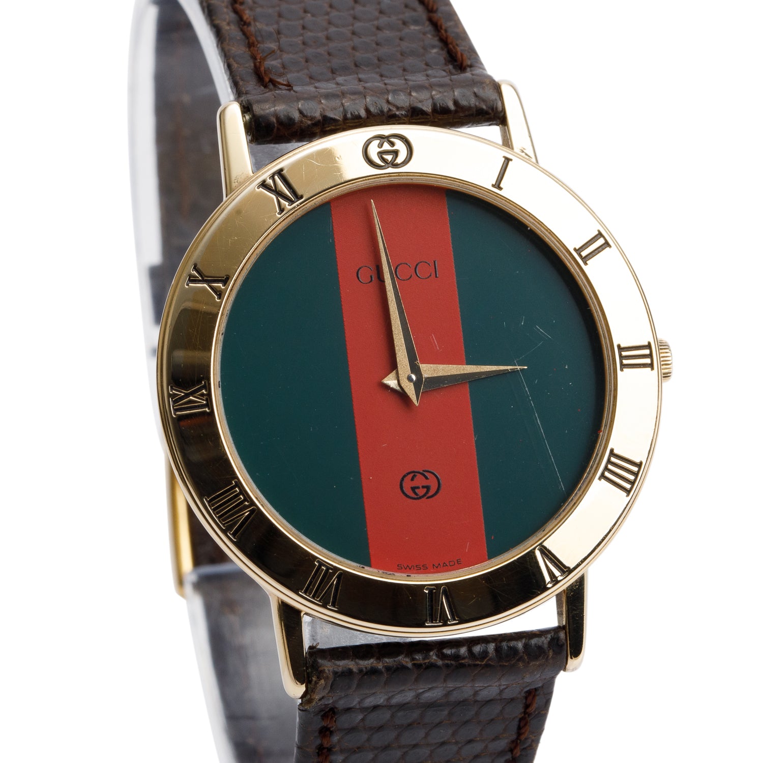 Gucci Vintage Gold Plated Stainless Steel 3001M Series 33 MM Quartz Watch Green & Red Web Dial w/ Box