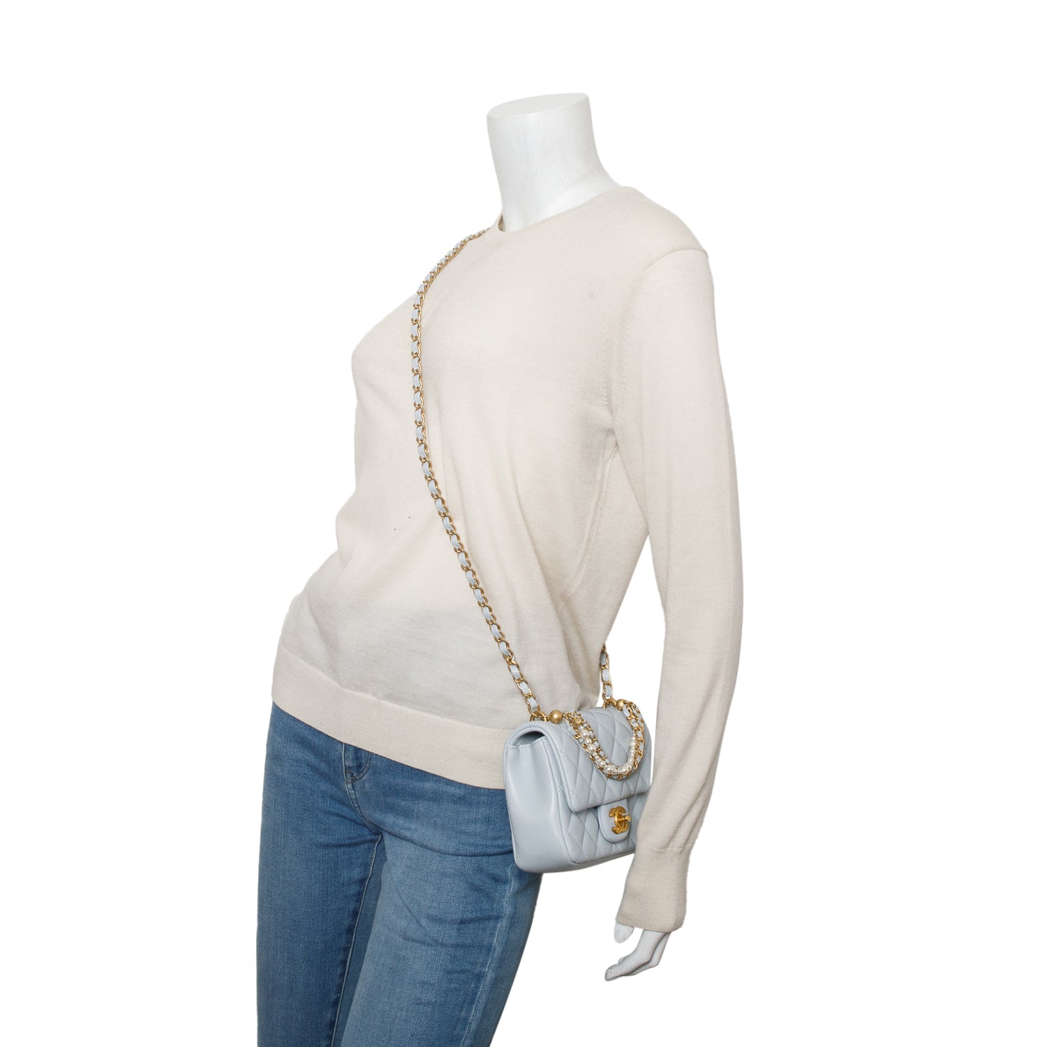 Chanel Blue Lambskin Quilted Pearl Twist Mini Square Flap w/ Box