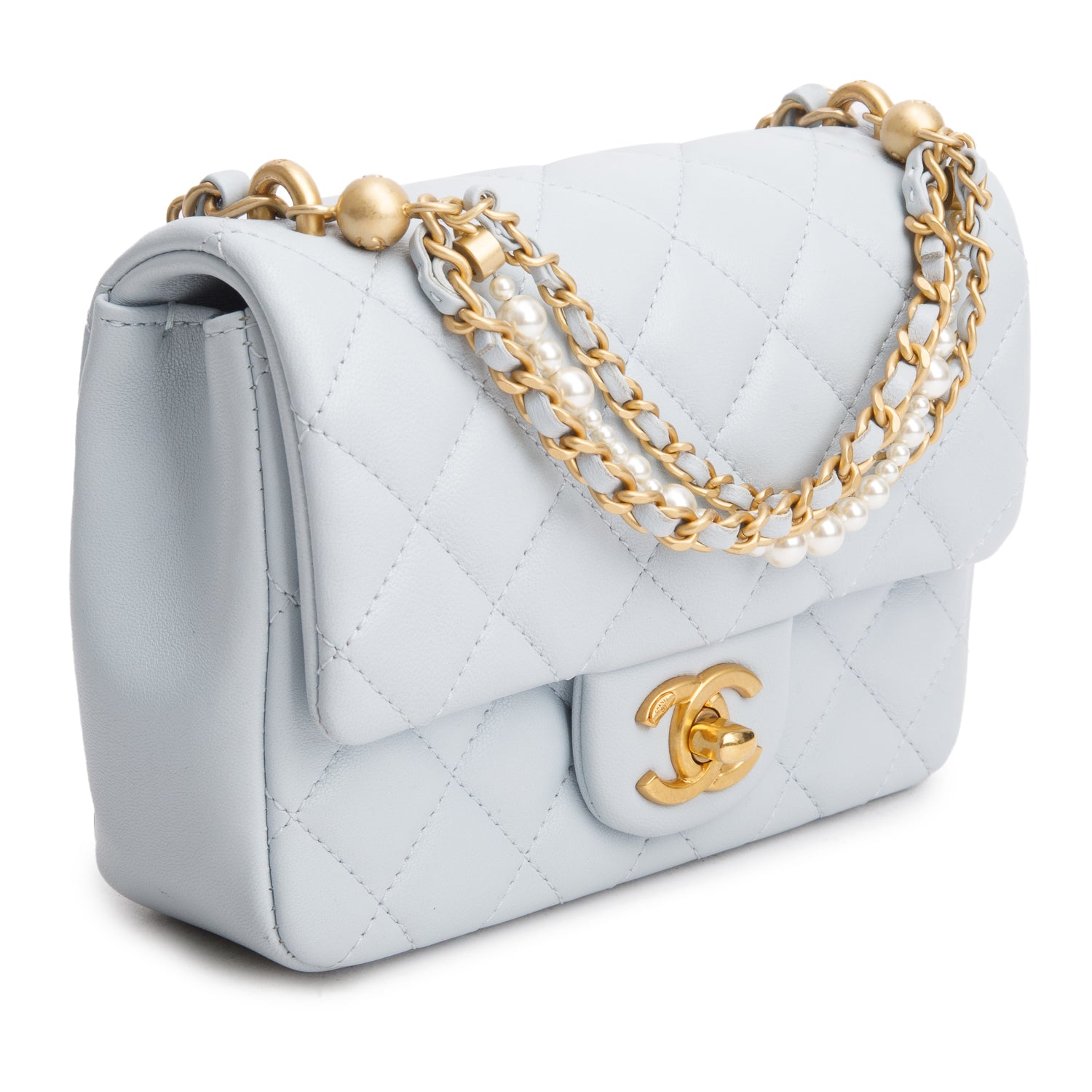 Chanel Blue Lambskin Quilted Pearl Twist Mini Square Flap w/ Box