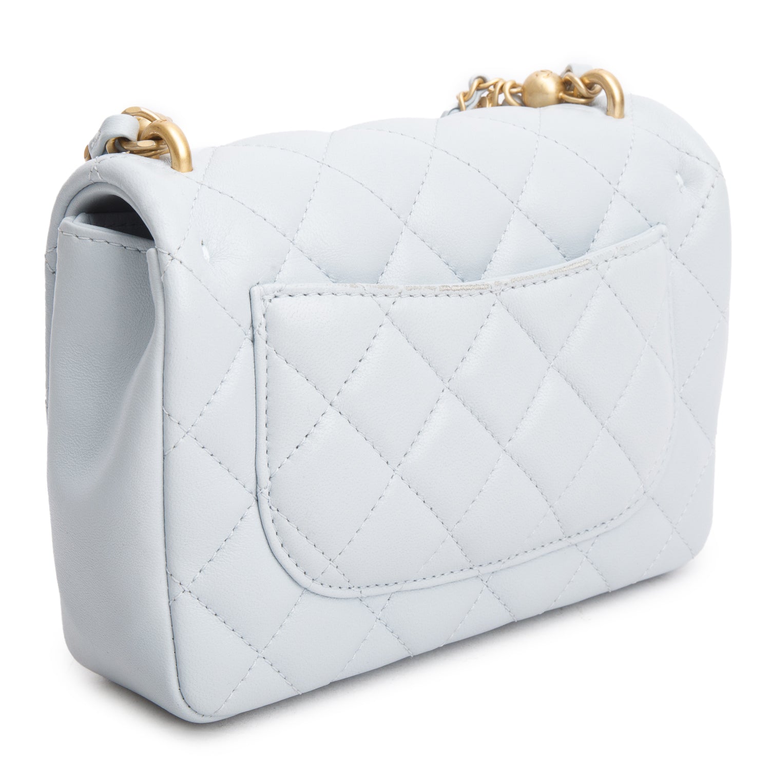 Chanel Blue Lambskin Quilted Pearl Twist Mini Square Flap w/ Box