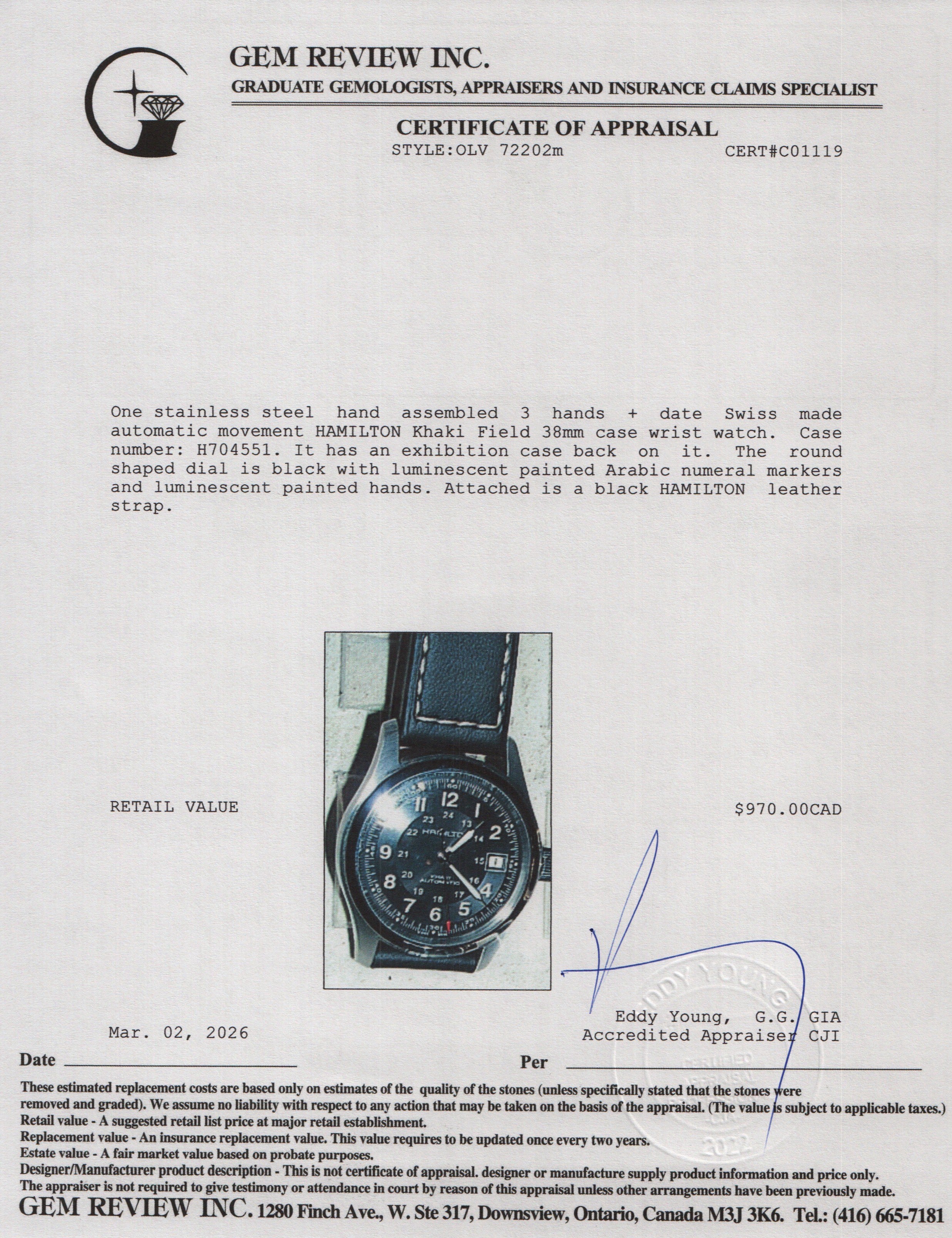 Hamilton 2025 Stainless Steel Khaki Field Auto 38 MM Watch Black Dial H704551 w/ Box & Papers