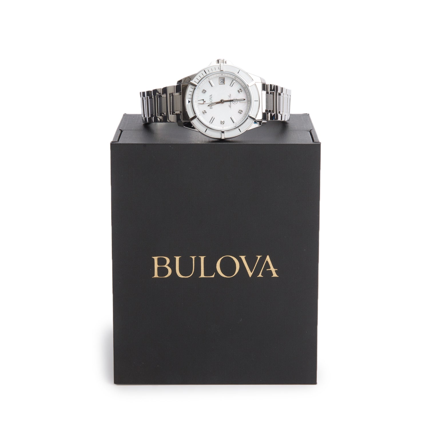 Bulova 2021 Stainless Steel Marine Star Lady 34 MM Quartz Watch White Diamond Dial 96P201 w/ Box & Papers