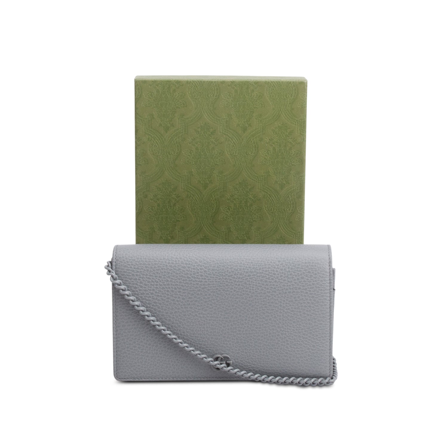 Gucci Grey Dollar Calfskin Enamel Monochrome Mini GG Marmont Chain Wallet w/ Box