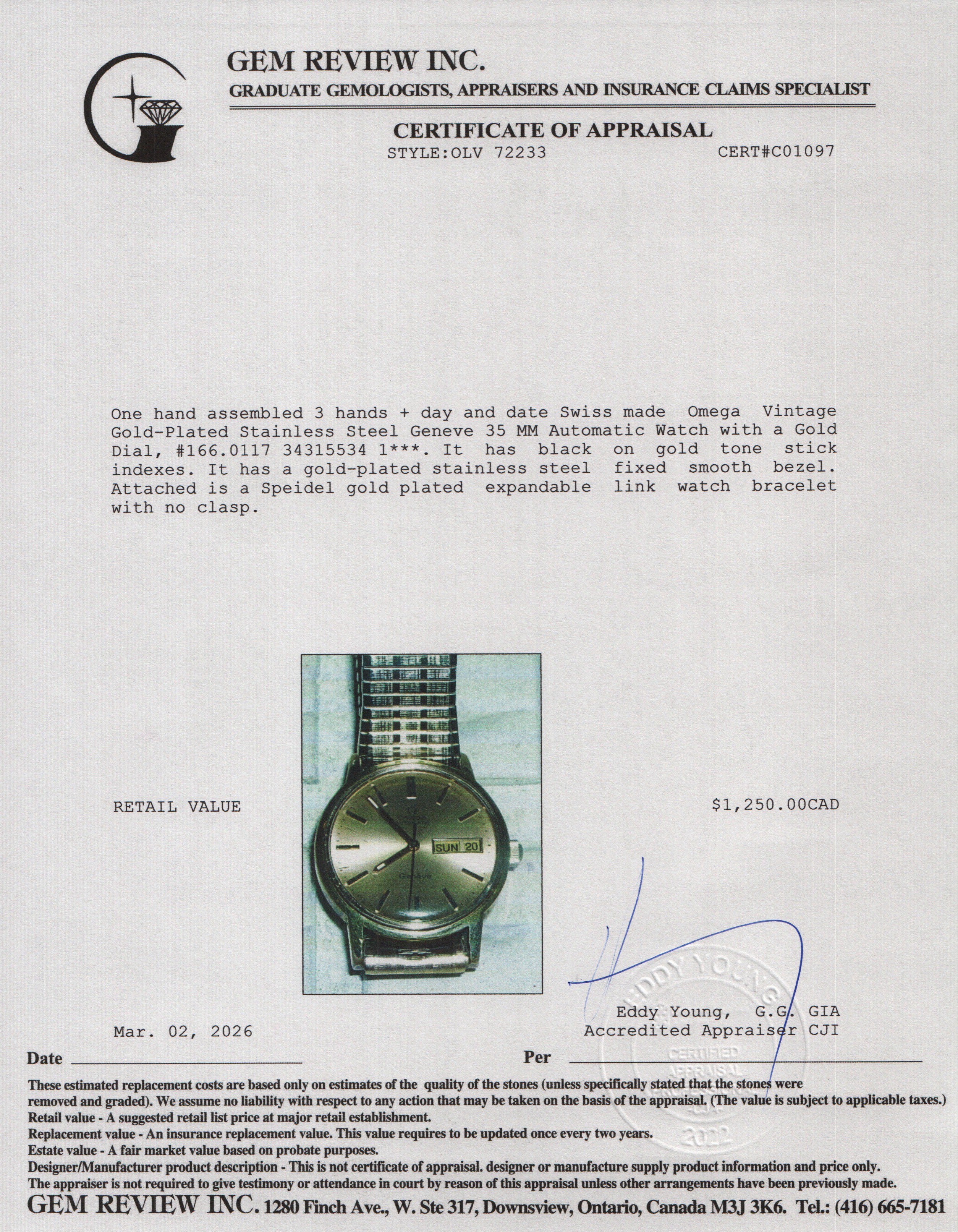 Omega Vintage Gold-Plated Stainless Steel Geneve 35 MM Automatic Watch Gold Dial