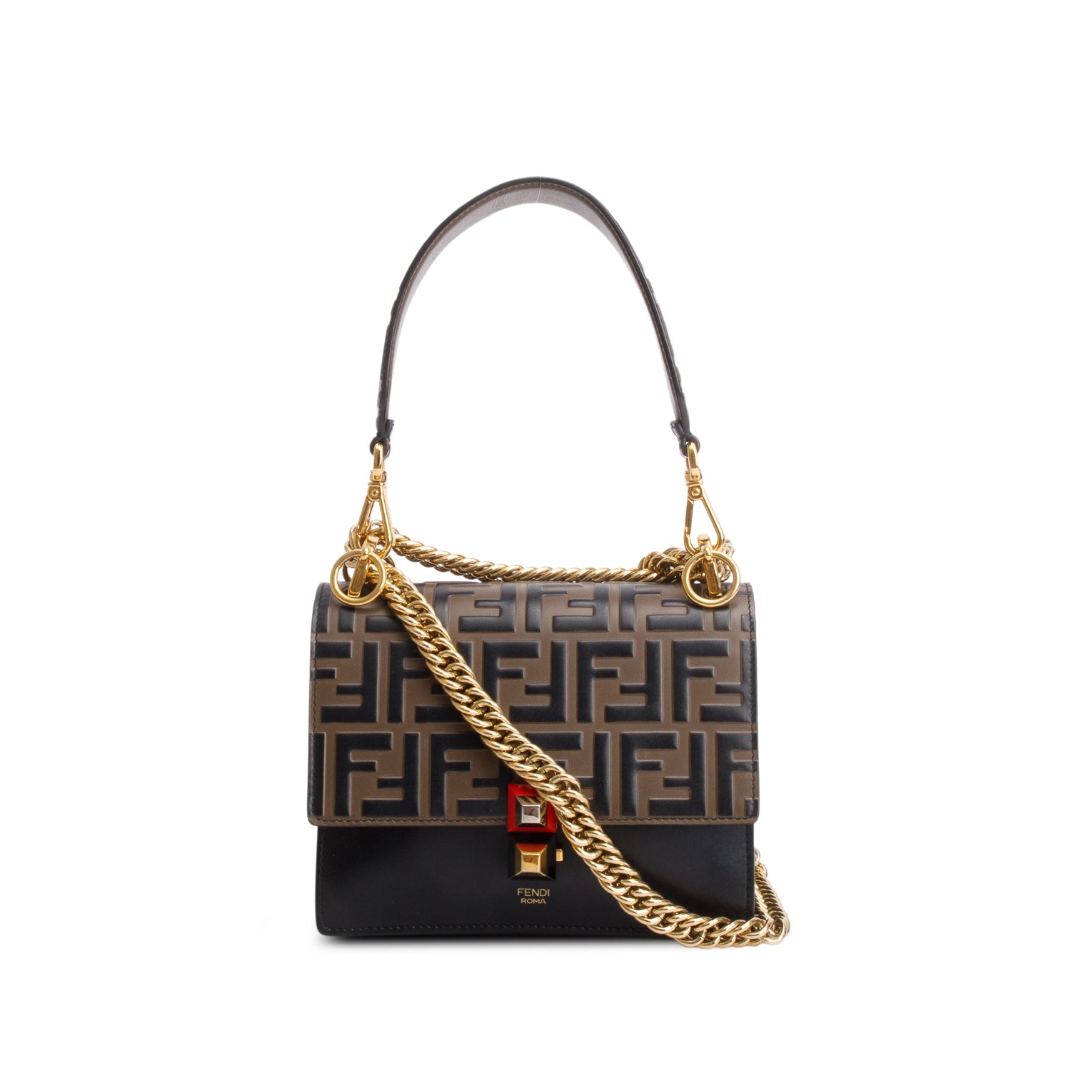 Fendi Vitello Liberty Bi-Color FF 1974 Embossed Chain Strap Kan I Shoulder Bag w/ Box