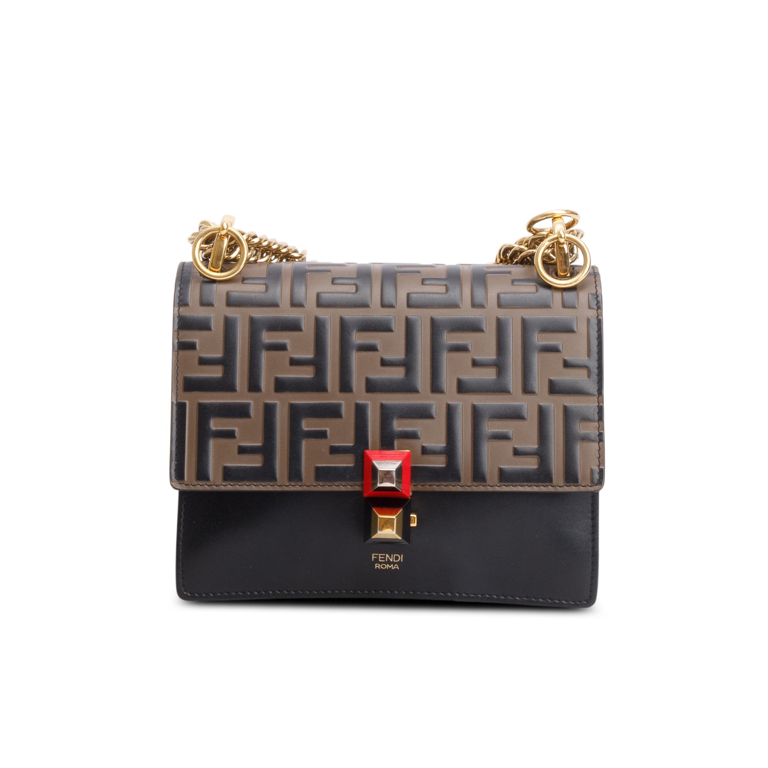 Fendi Vitello Liberty Bi-Color FF 1974 Embossed Chain Strap Kan I Shoulder Bag w/ Box