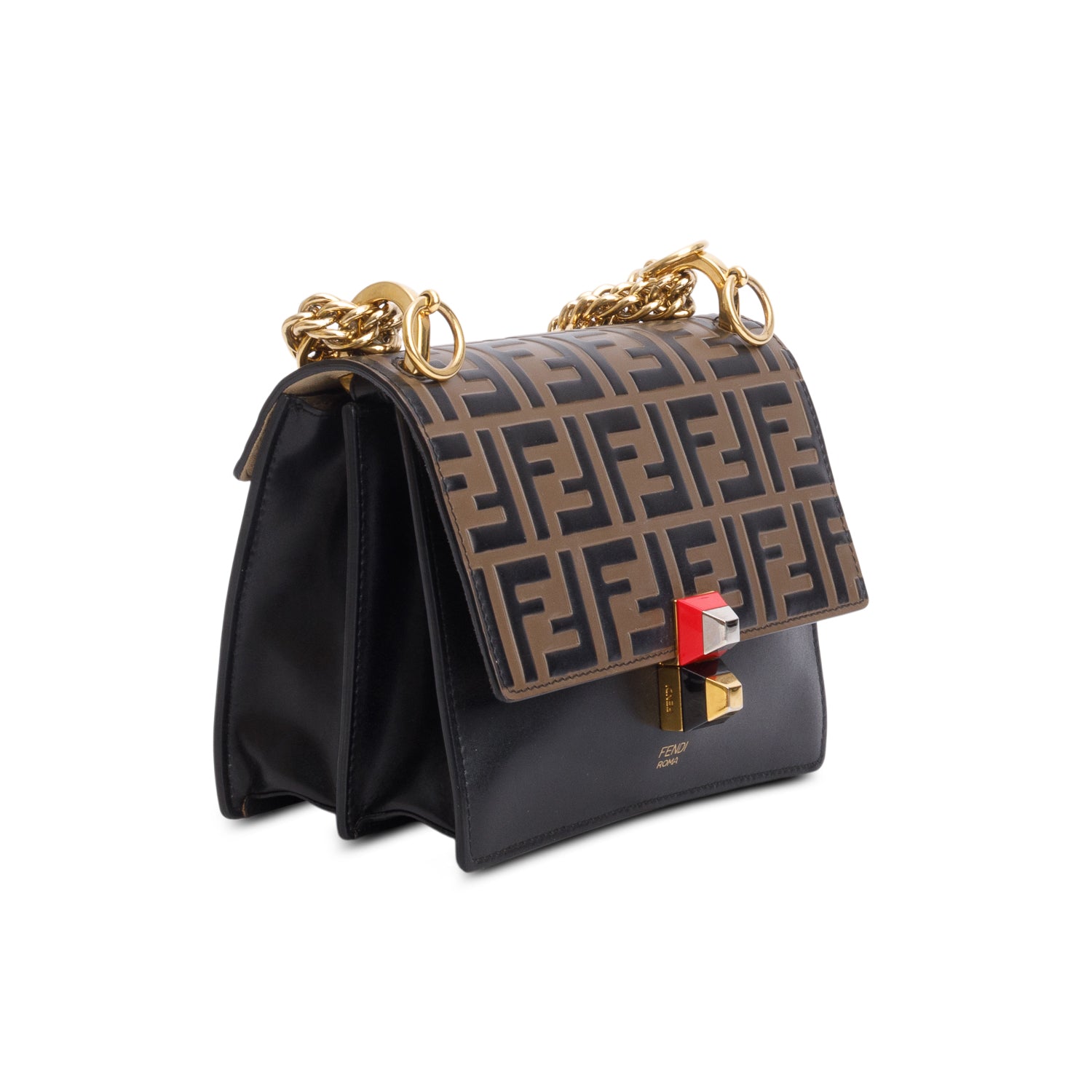 Fendi Vitello Liberty Bi-Color FF 1974 Embossed Chain Strap Kan I Shoulder Bag w/ Box