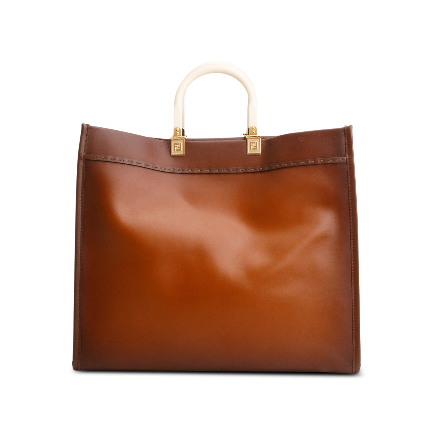 Fendi Brown Vitello King Plexiglass Logo Embossed Large Fendi Sunshine Shopper Tote