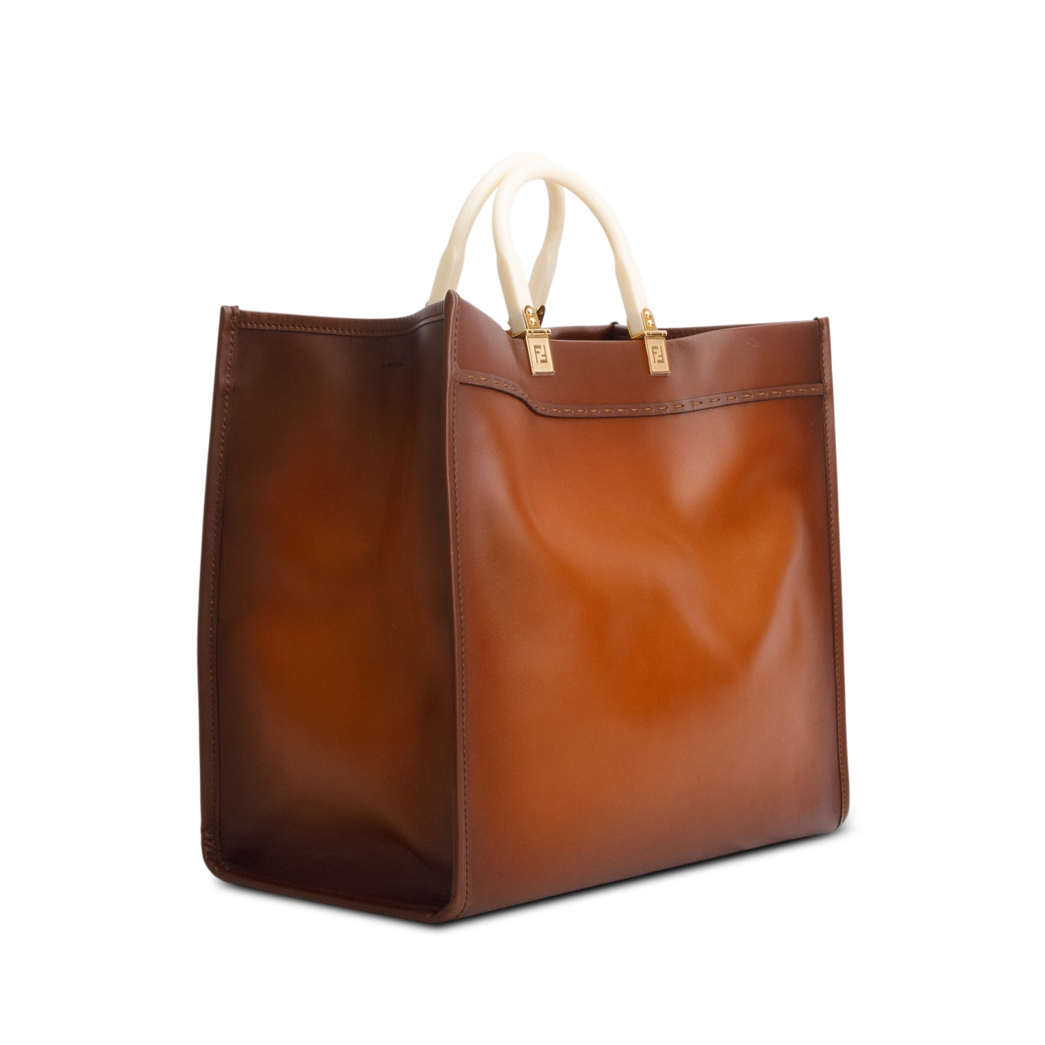 Fendi Brown Vitello King Plexiglass Logo Embossed Large Fendi Sunshine Shopper Tote