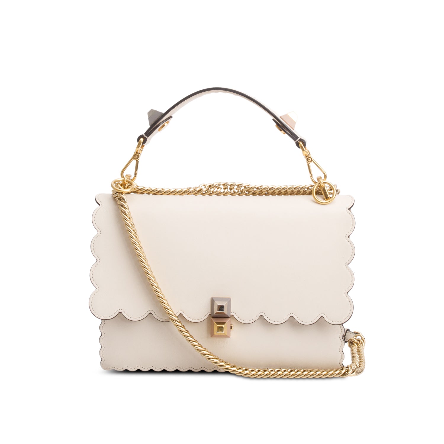 Fendi Cream Vitello Liberty Scalloped Studded Kan I Shoulder Bag w/ Straps