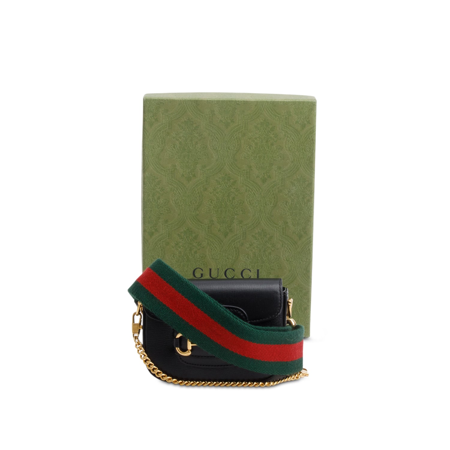 Gucci Black Azalea Calfskin Web Monogram Horsebit 1955 Wallet on Strap w/ Box