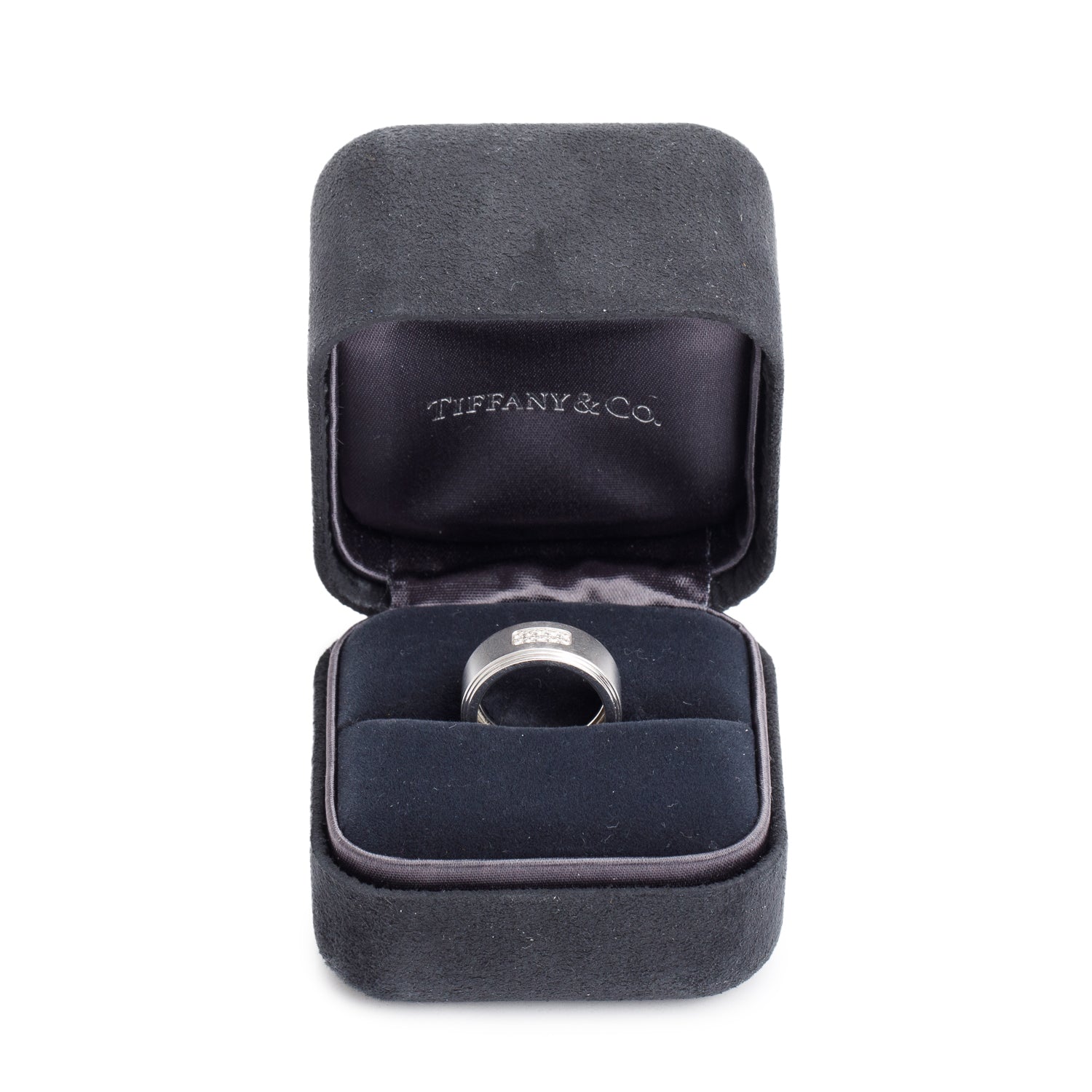 Tiffany & Co. 18k White Gold Diamond Century 8 MM Wedding Band Ring, Size 5.25 w/ Box