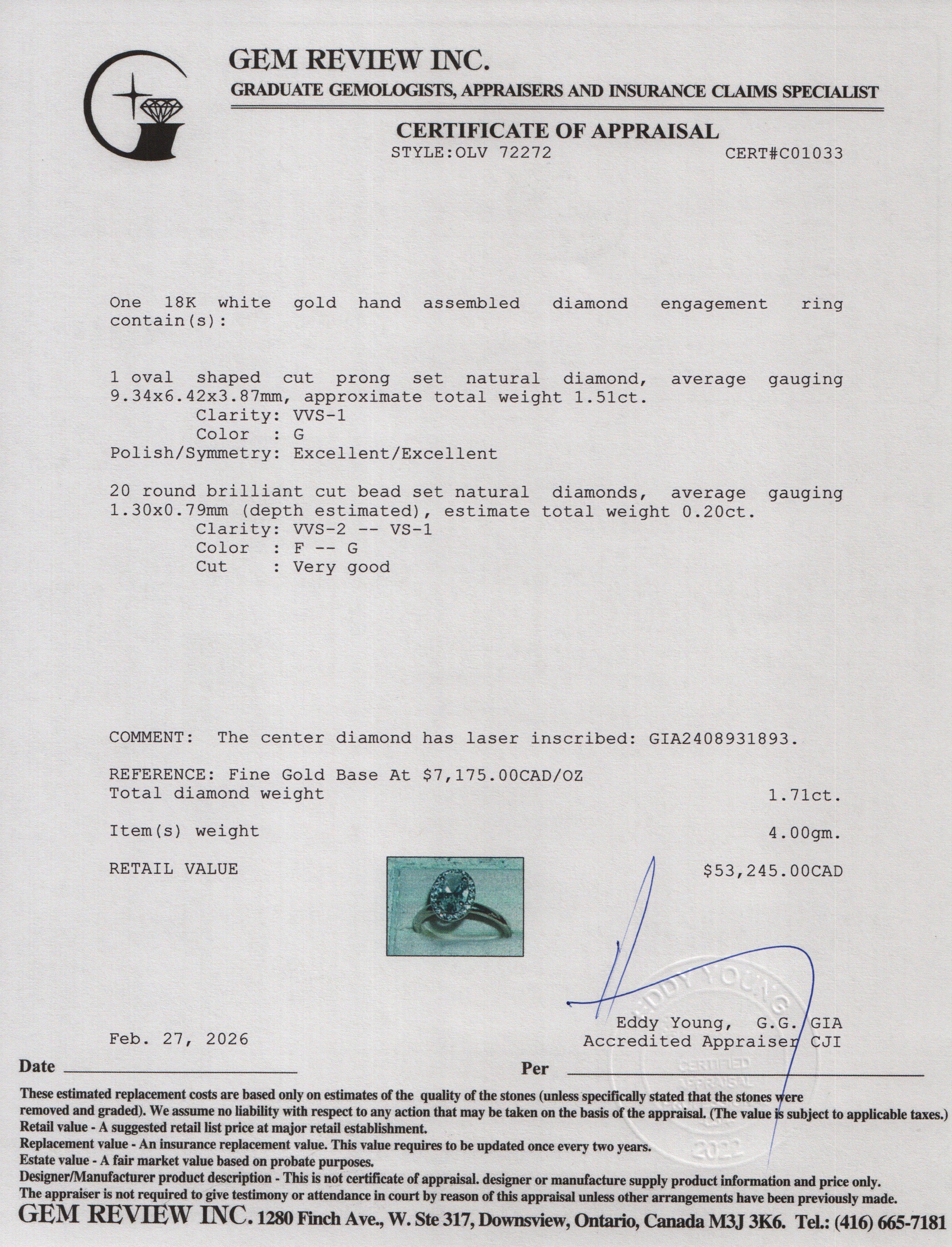 18k White Gold 1.51 ct. Oval Cut Diamond Engagement Ring, Size 7.75 w/ GIA Certificate