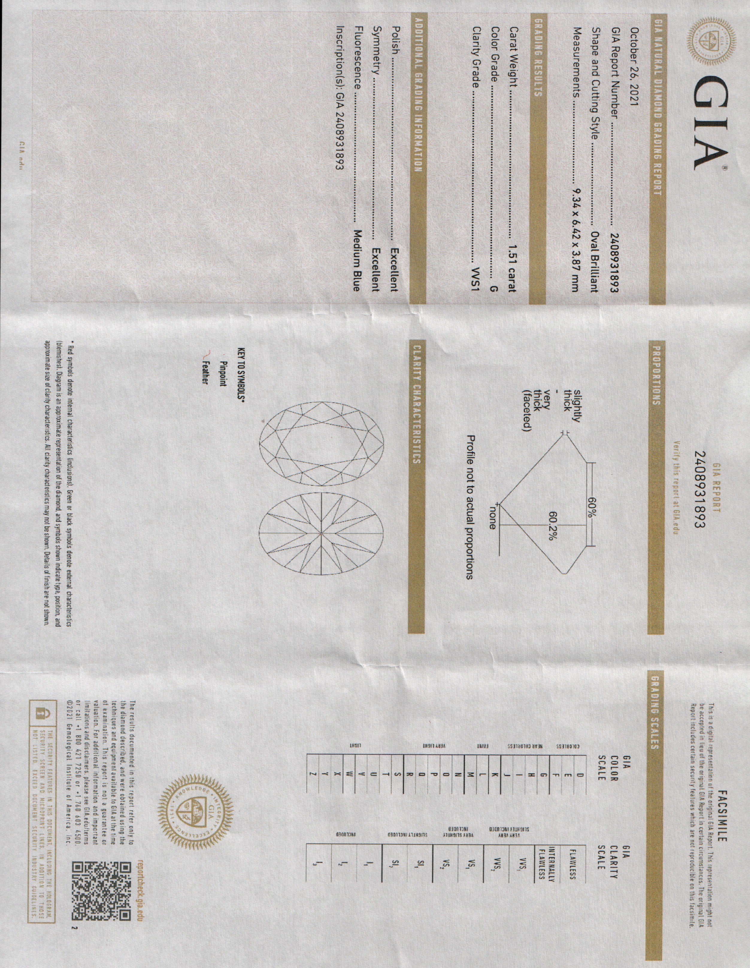 18k White Gold 1.51 ct. Oval Cut Diamond Engagement Ring, Size 7.75 w/ GIA Certificate