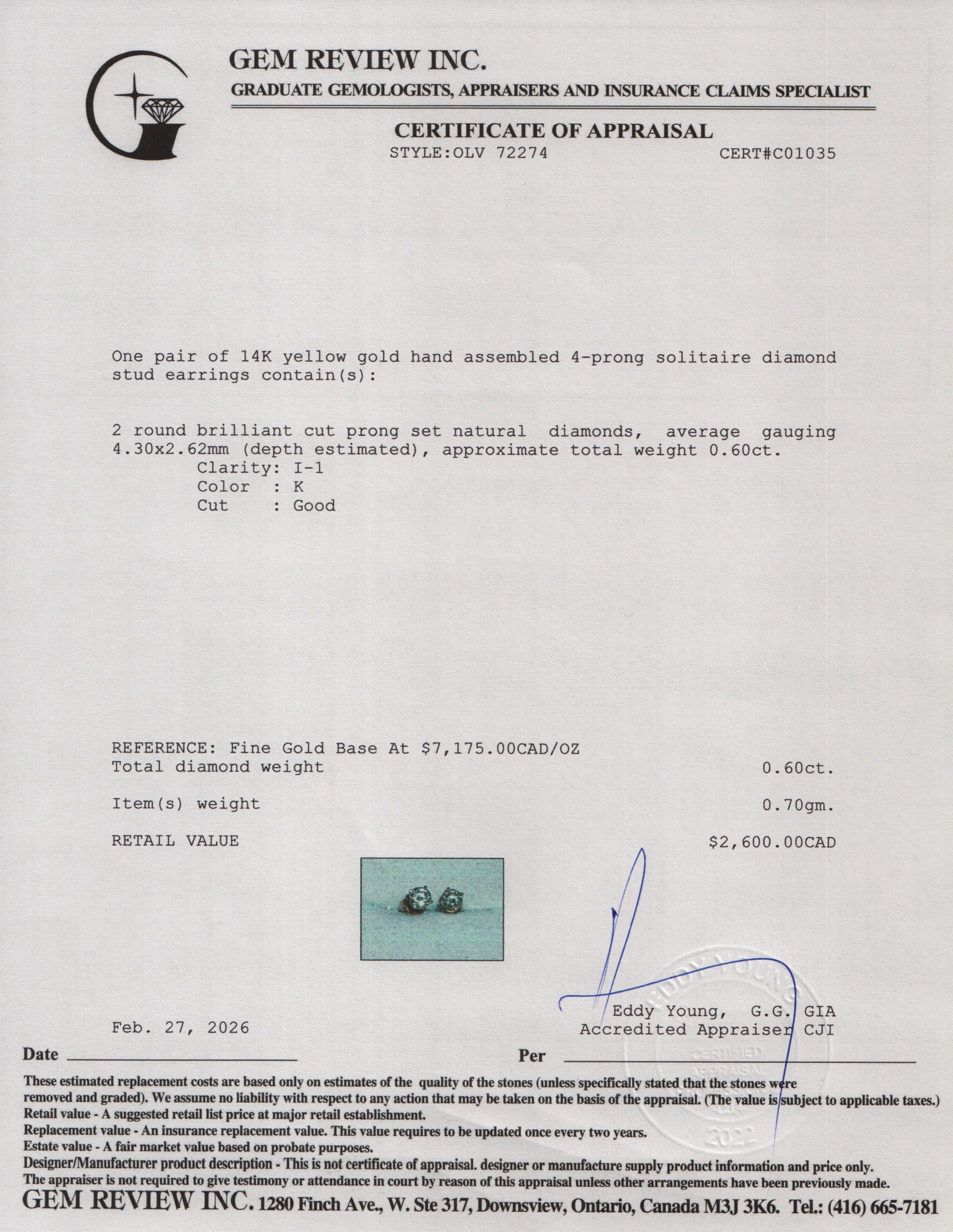 14k Yellow Gold 0.60 tcw. Diamond Stud Earrings