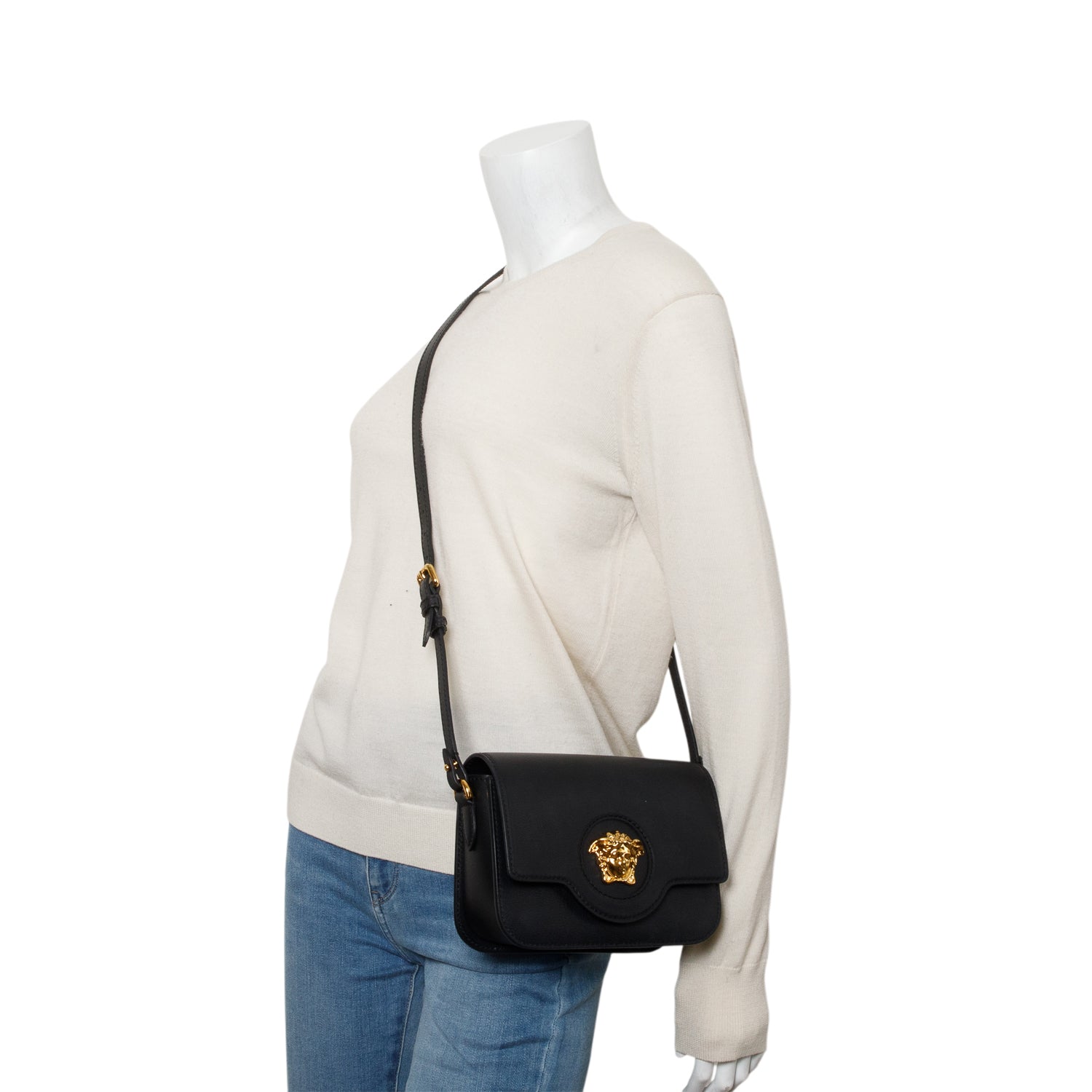 Versace Black Grained Calfskin La Medusa Flap Shoulder Bag