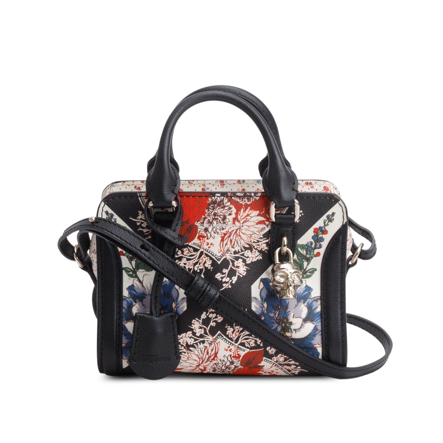 Alexander Mcqueen Multicolor Pebbled Calfskin Floral Print Small Skull Padlock Zip Around Tote w/ Strap