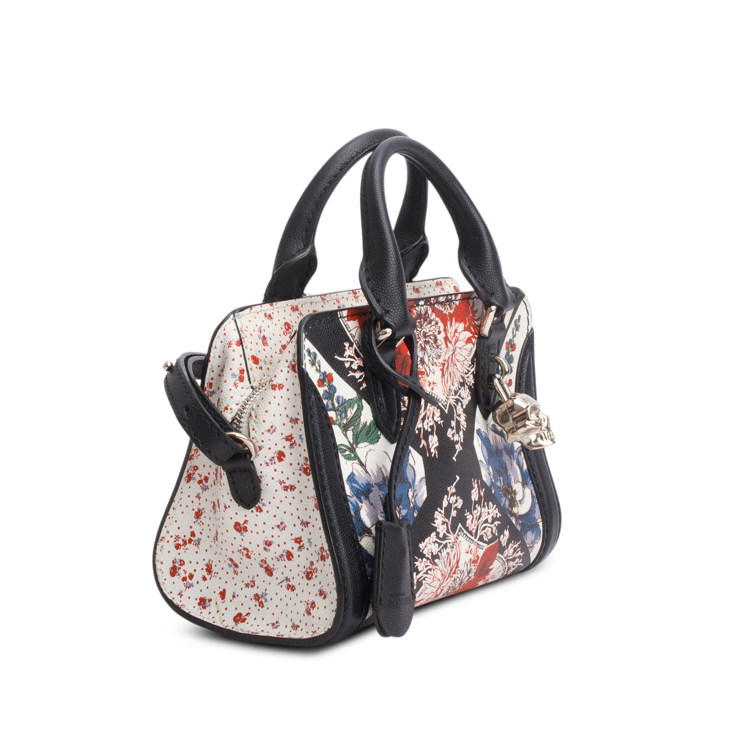 Alexander Mcqueen Multicolor Pebbled Calfskin Floral Print Small Skull Padlock Zip Around Tote w/ Strap