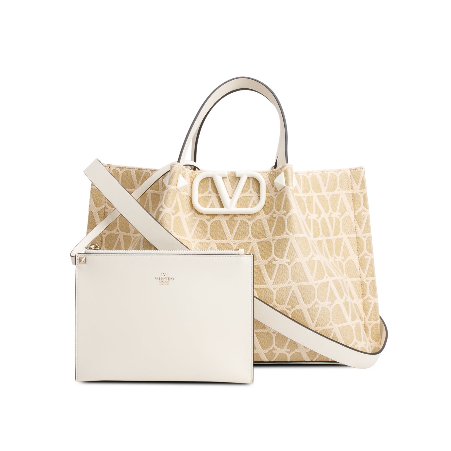 Valentino Beige VLogo Signature Toile Iconographe Tote Bag w/ Strap & Pouch