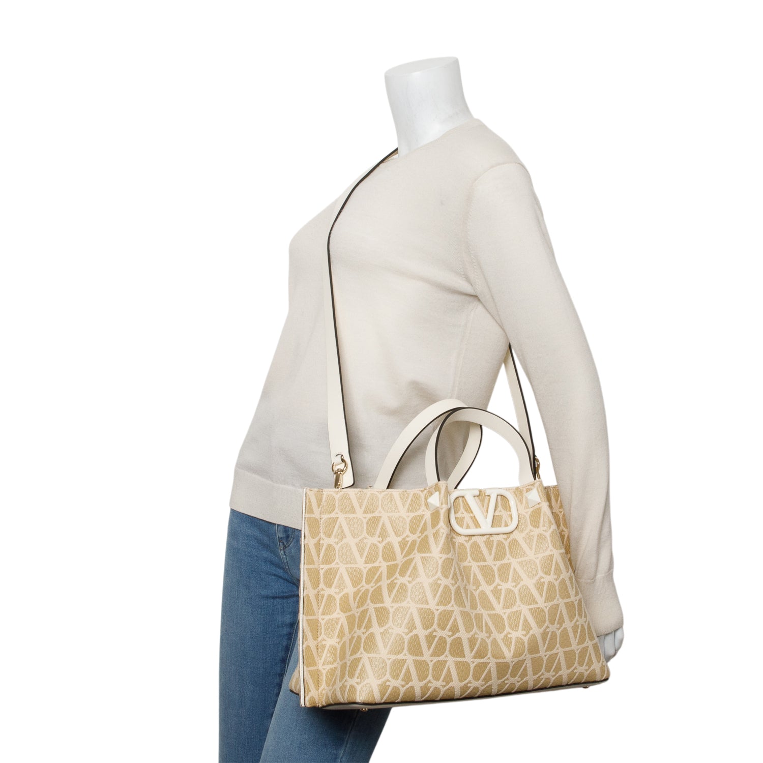 Valentino Beige VLogo Signature Toile Iconographe Tote Bag w/ Strap & Pouch