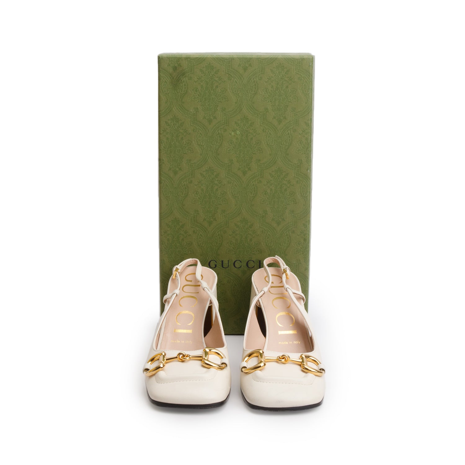 Gucci White Malaga Kid Horsebit 75mm Slingback Pumps, Women's Size 38.5 w/ Box