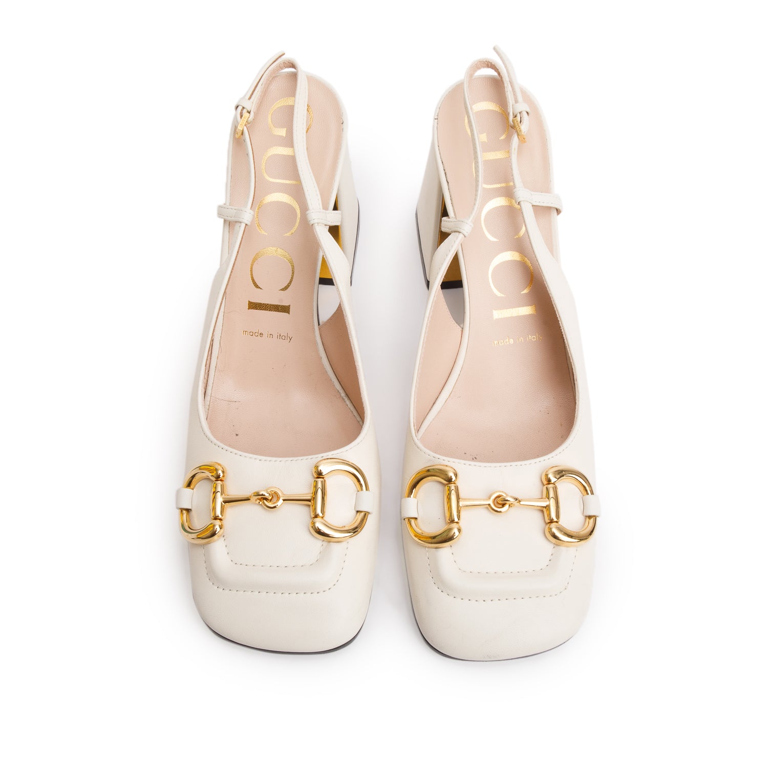 Gucci White Malaga Kid Horsebit 75mm Slingback Pumps, Women's Size 38.5 w/ Box