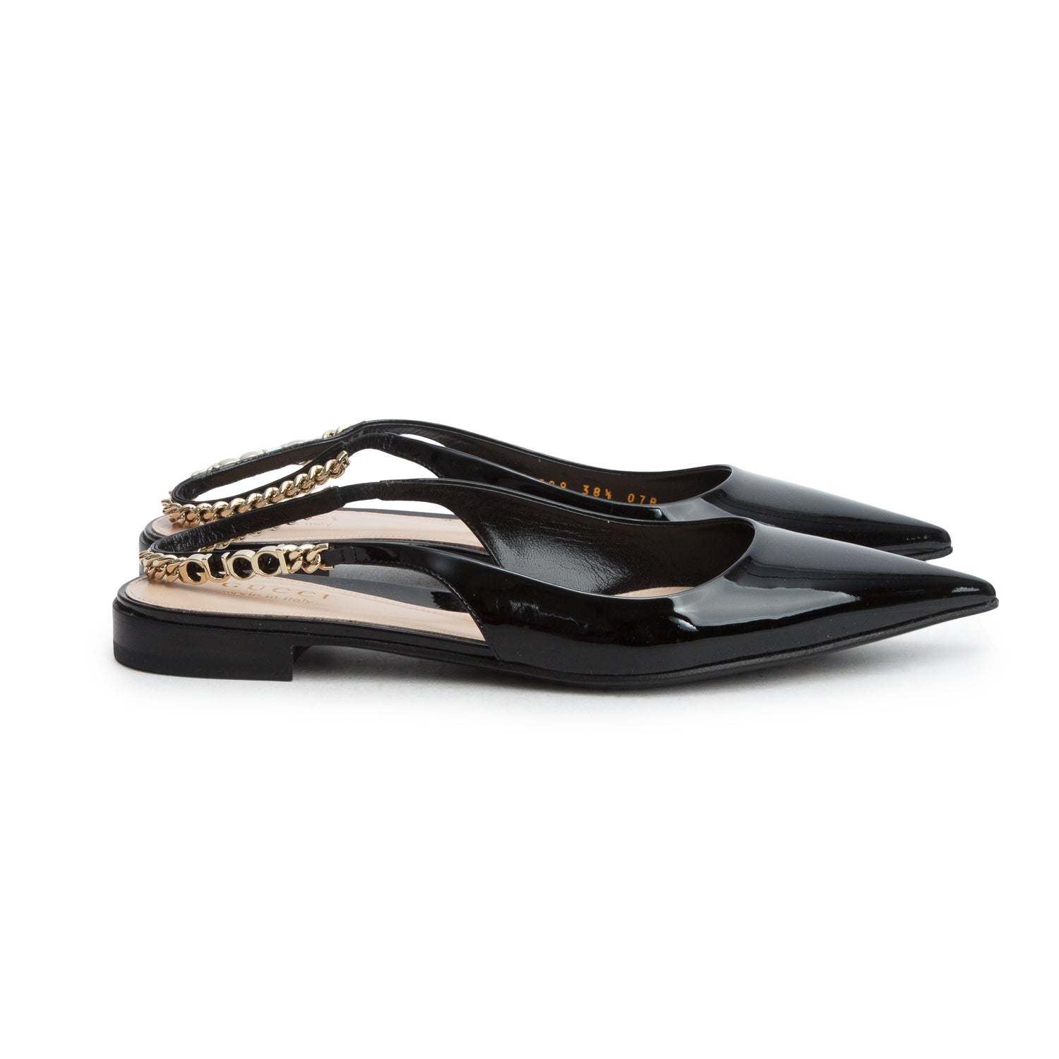 Gucci Black Patent Leather Signoria Logo Plaque Slingback Ballet Flats, Women's Size 38.5 w/ Box