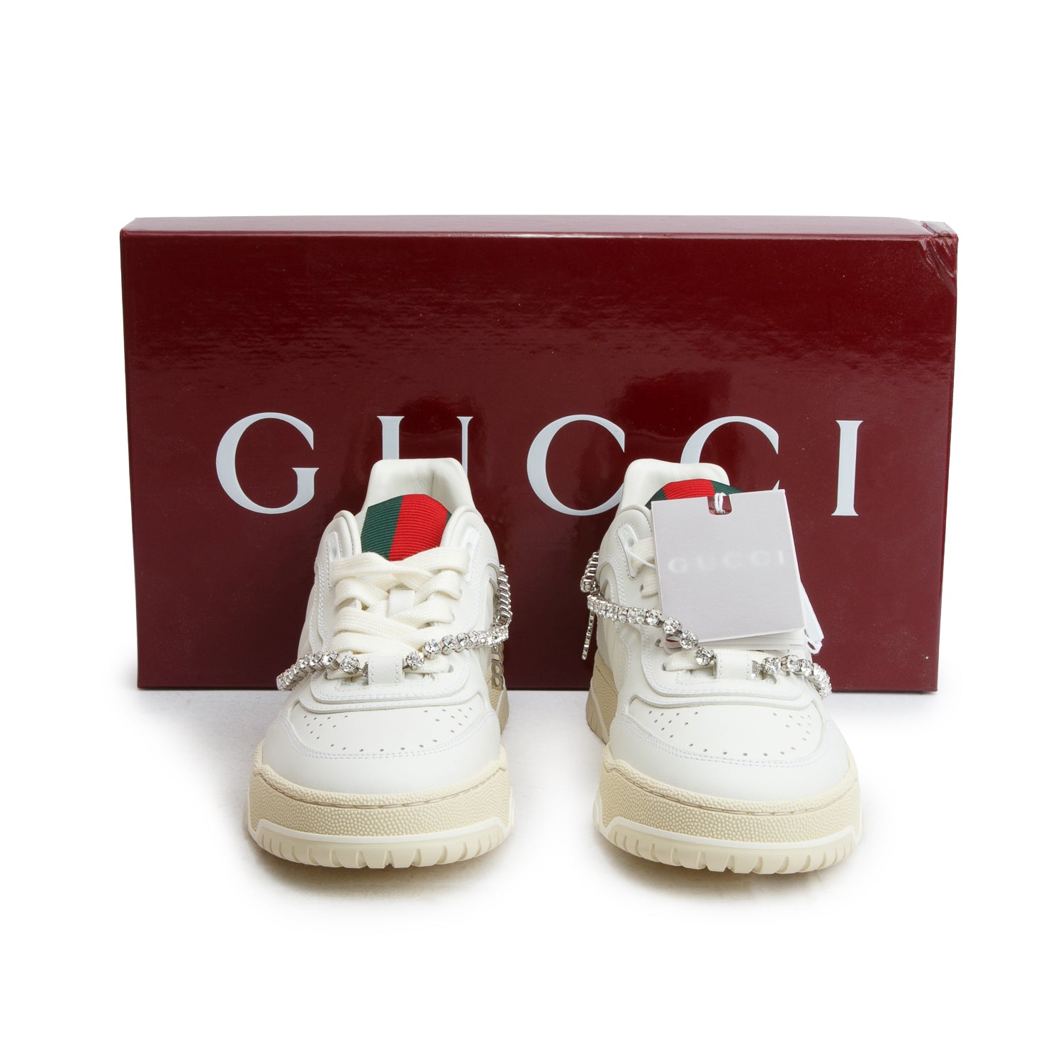 Gucci White Leather Re-Web Crystal Chain Sneakers, Women's Size 38 w/ Box