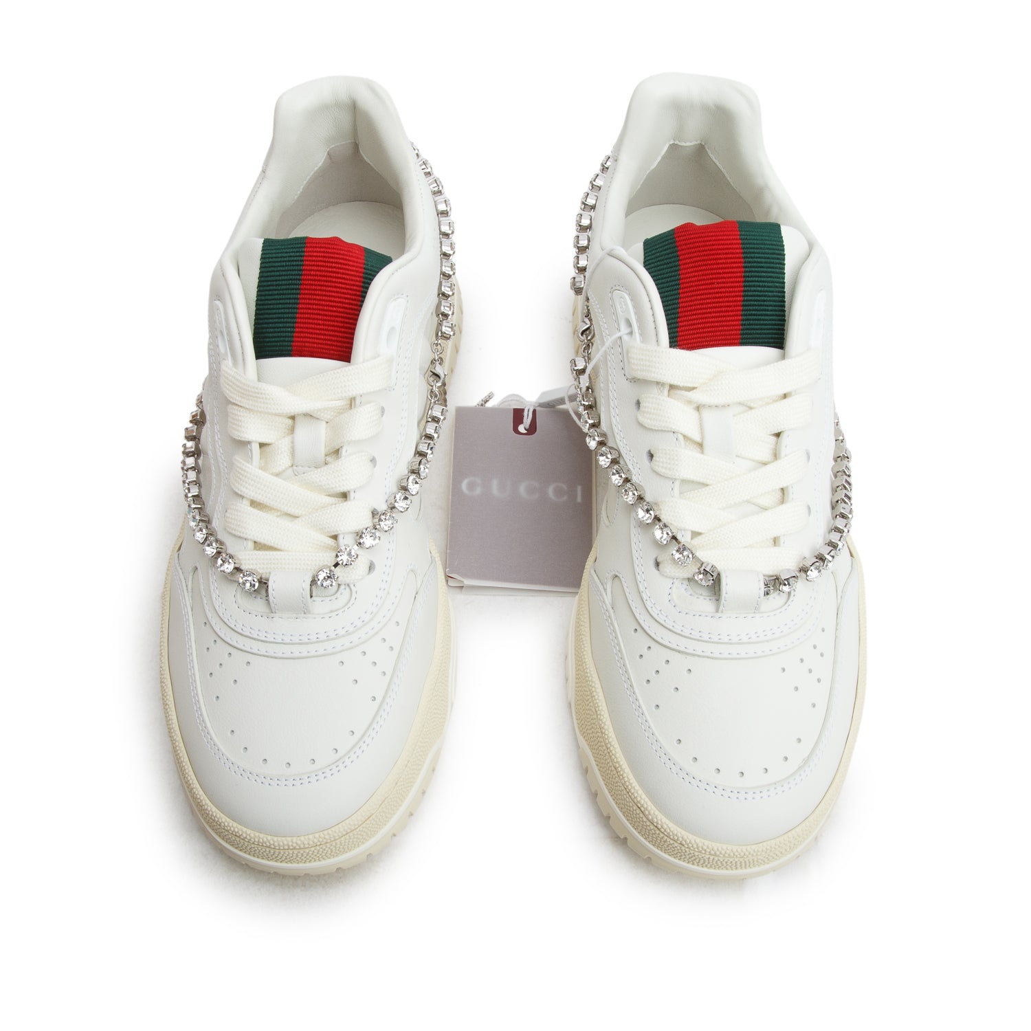Gucci White Leather Re-Web Crystal Chain Sneakers, Women's Size 38 w/ Box