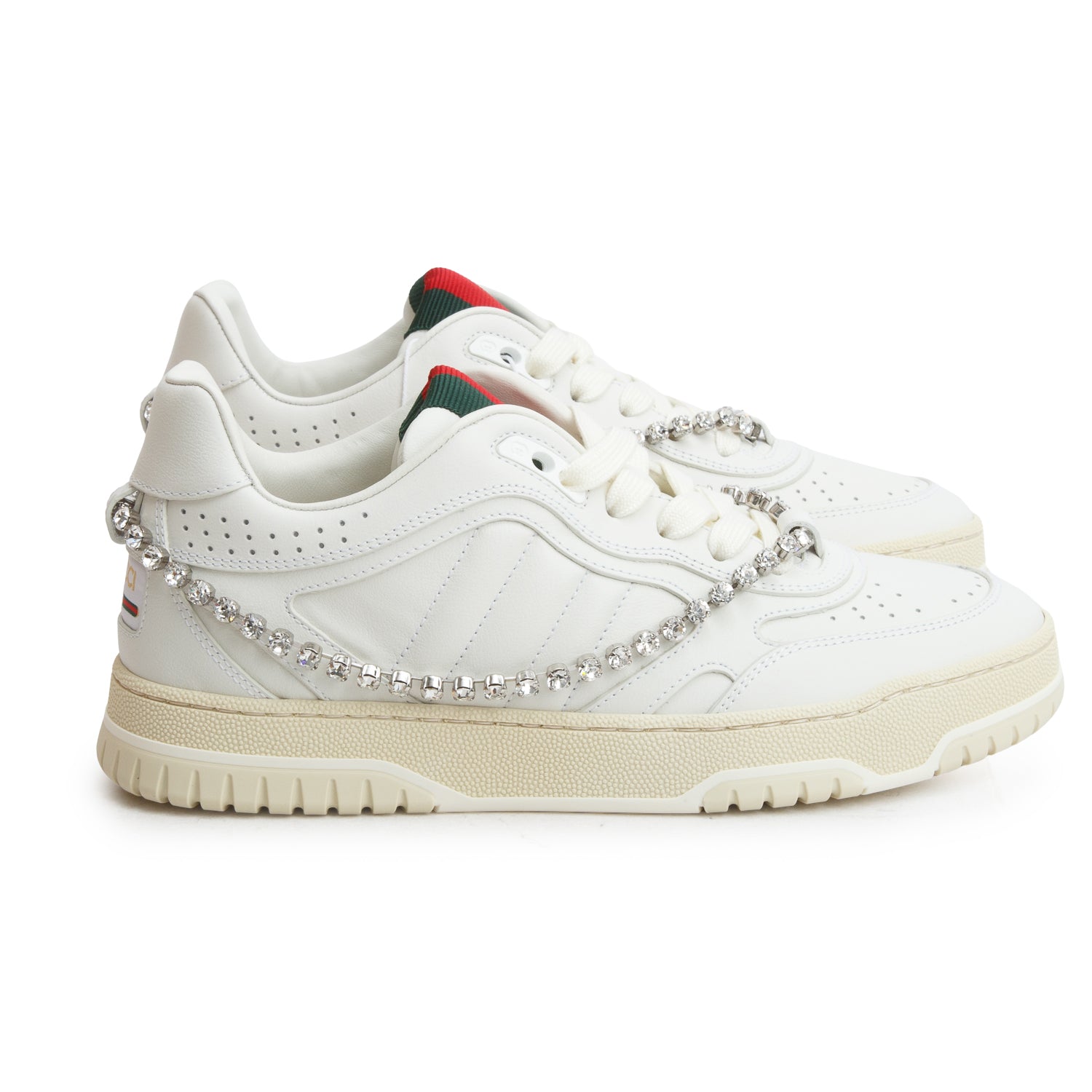 Gucci White Leather Re-Web Crystal Chain Sneakers, Women's Size 38 w/ Box