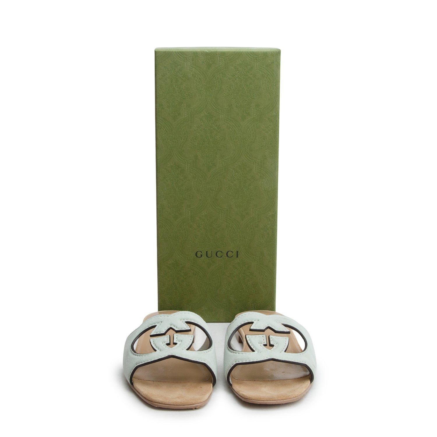 Gucci Teal Suede Interlocking G Cutout Slide Sandals, Women's Size 38 w/ Box