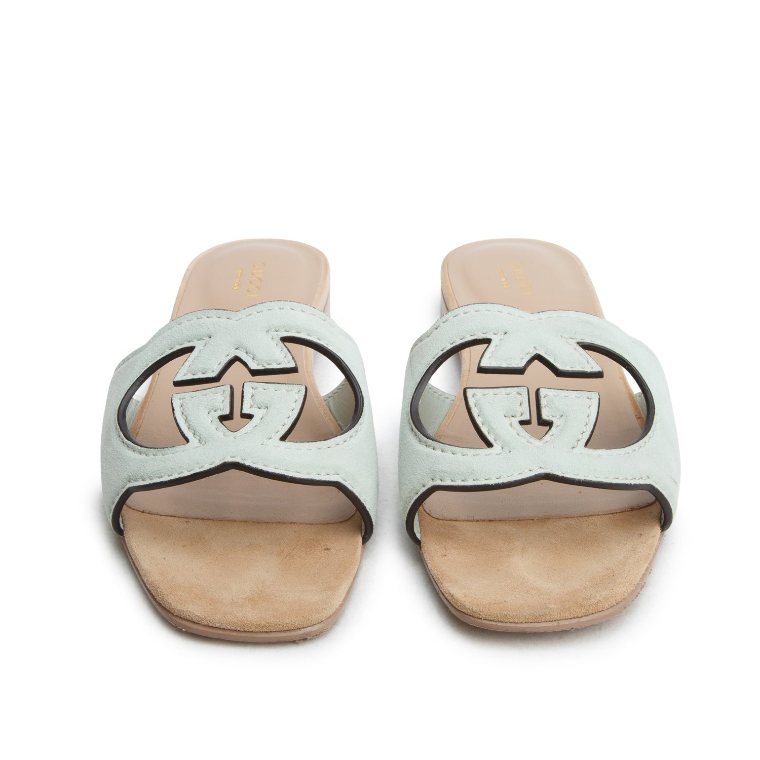 Gucci Teal Suede Interlocking G Cutout Slide Sandals, Women's Size 38 w/ Box