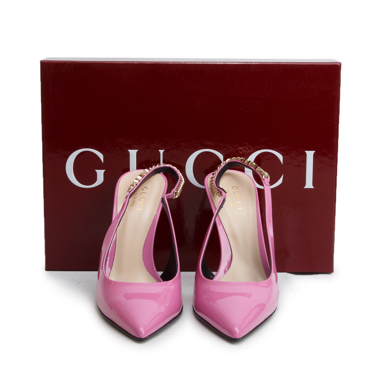 Gucci Pink Patent Leather Signoria Logo Plaque Slingback Pumps, Women's Size 38.5 w/ Box