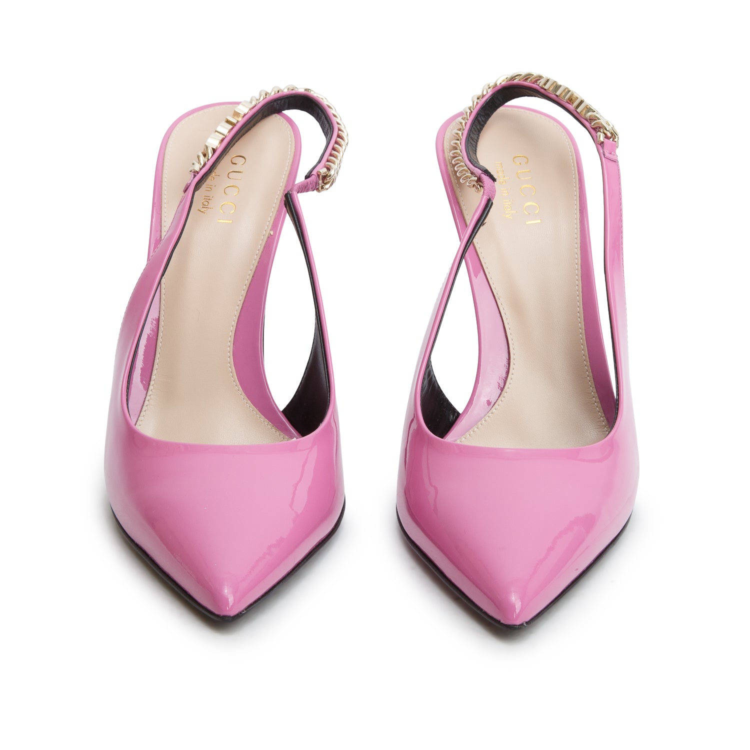 Gucci Pink Patent Leather Signoria Logo Plaque Slingback Pumps, Women's Size 38.5 w/ Box