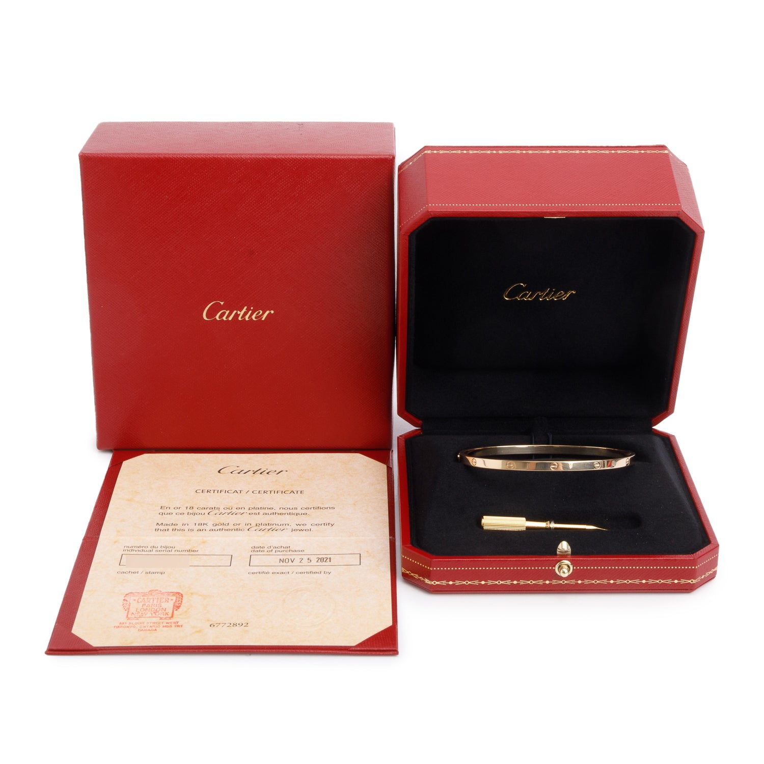 Cartier 2021 18k Yellow Gold Love Bracelet, Classic Model, Size 20 w/ Box & Certificate