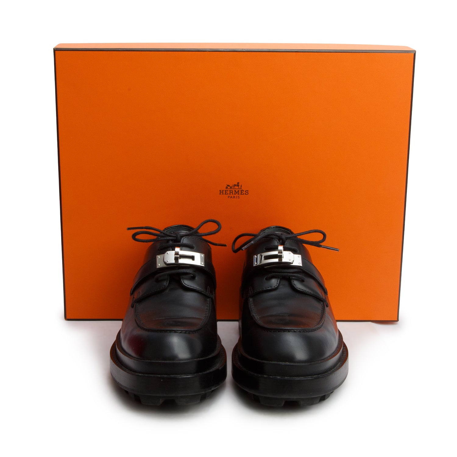 Hermes Noir Veau Glace Richelieu Derby First Oxfords, Women's Size 36.5