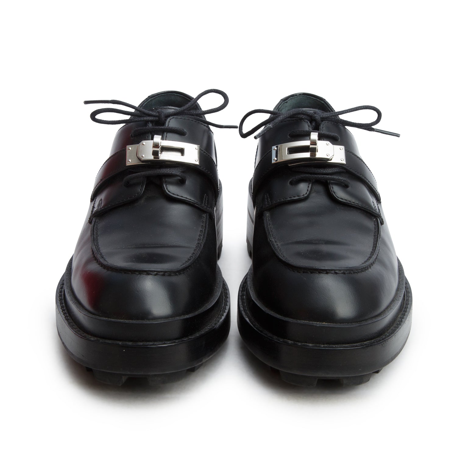 Hermes Noir Veau Glace Richelieu Derby First Oxfords, Women's Size 36.5